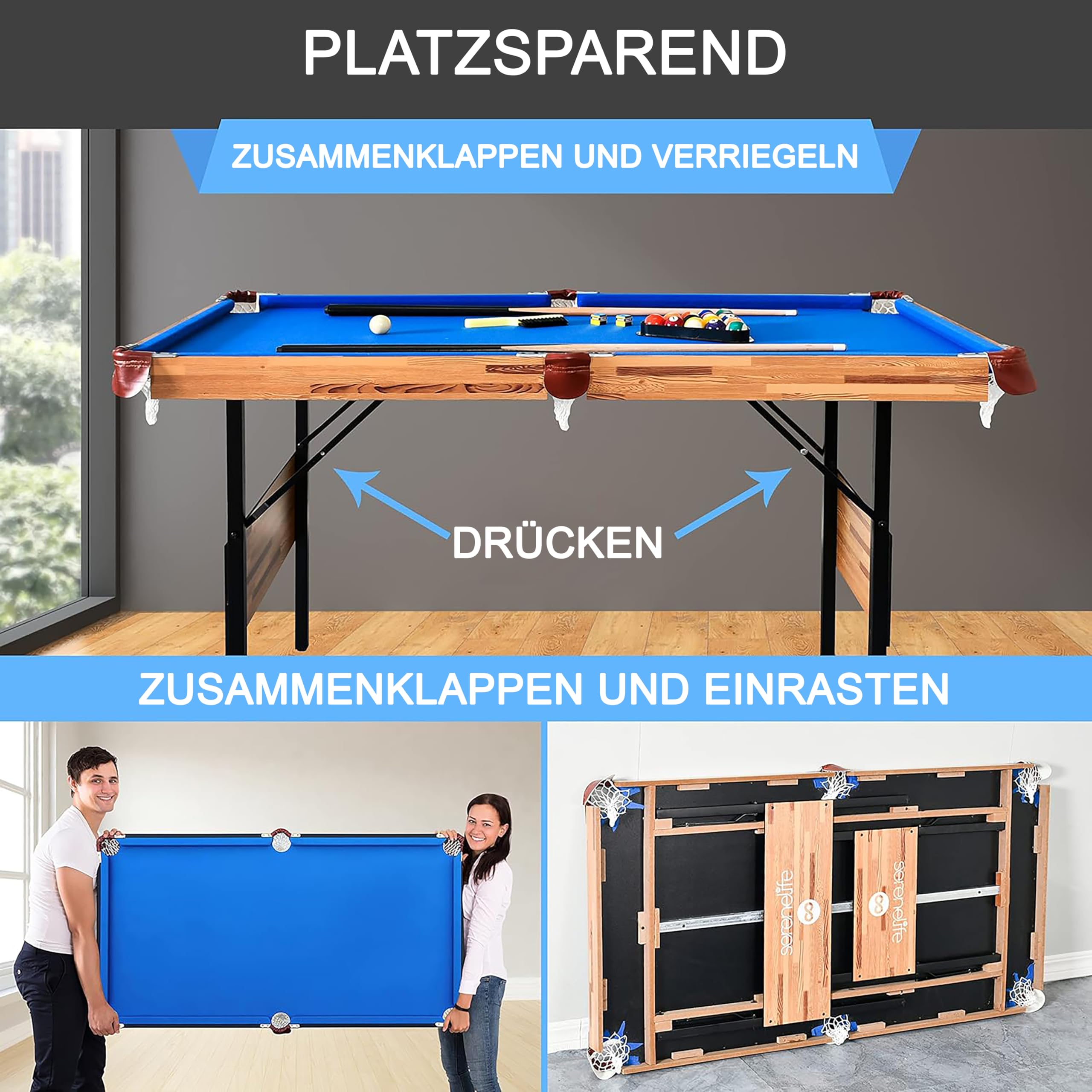 SereneLife Billardtisch Mini Klappbar Pool Table 137x74x78cm für Kinder mit Zubehör Blau