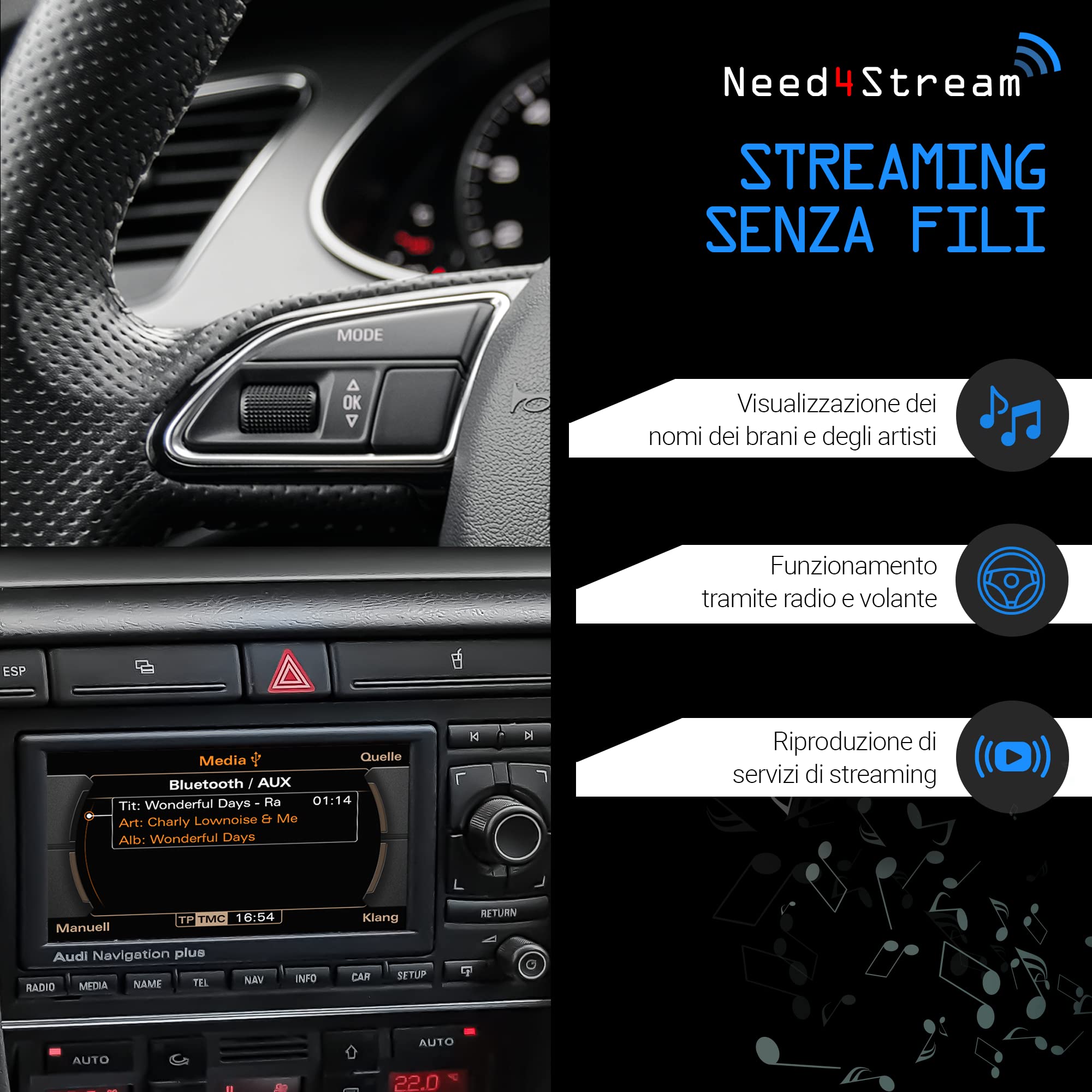 N4S74094 - Interfaccia audio Bluetooth con visualizzazione del titolo per RNS-E, compatibile con Audi A3 (8P), Audi TT (8J), Audi R8 (420), Lamborghini Gallardo, Seat Exeo