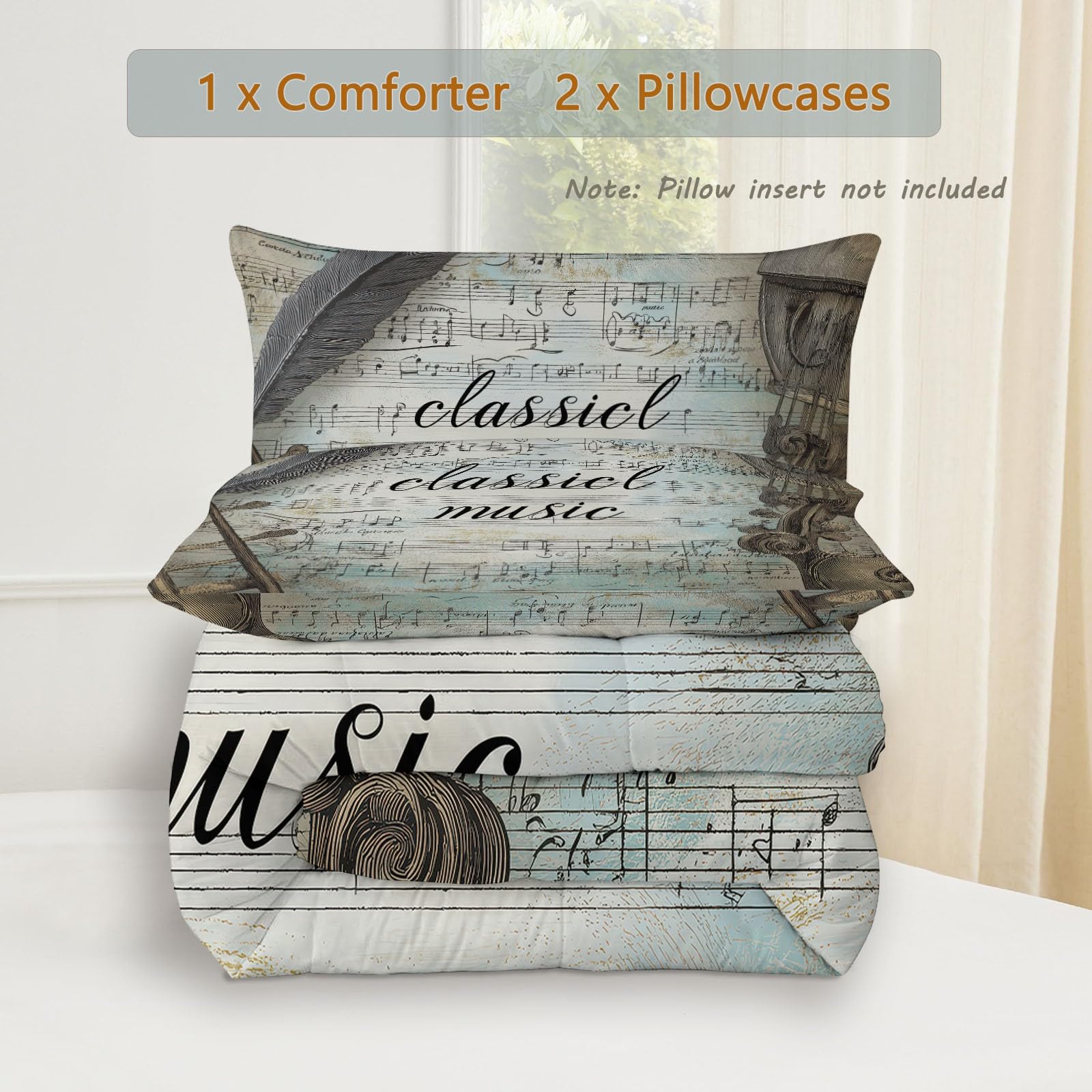Coverless - Piumone reversibile con note musicali e strumenti musicali, 200 x 200 cm, stampato, matrimoniale, 4,5 tog, per tutte le stagioni, stile retrò, elegante, trapuntato, anallergico, grigio blu
