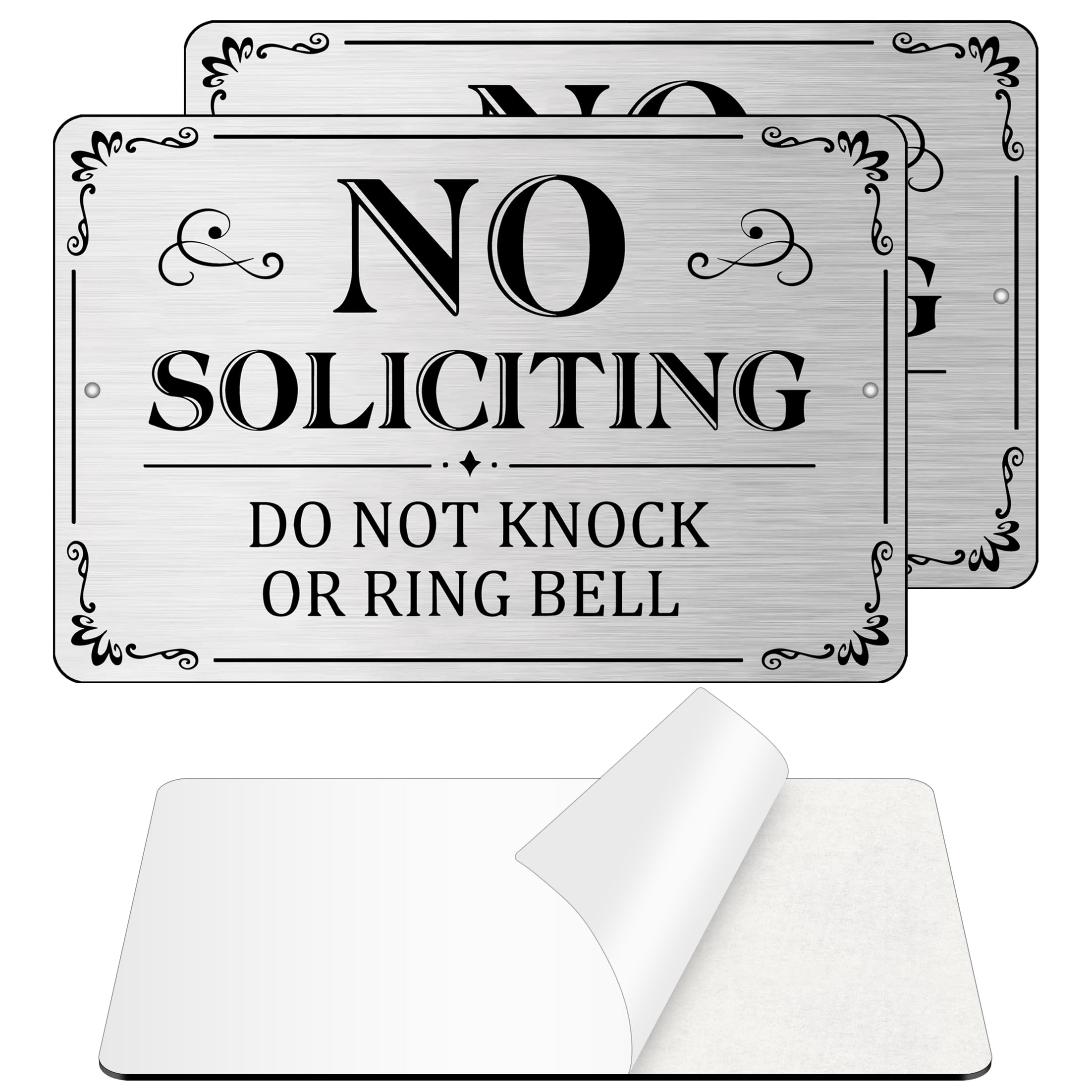 Letrero de no solicitar para puerta delantera, 2 unidades, letrero autoadhesivo de no solicitar para casa, 6 x 4 pulgadas, letreros de metal de aluminio para patio (plateado cepillado/negro, mediano 6