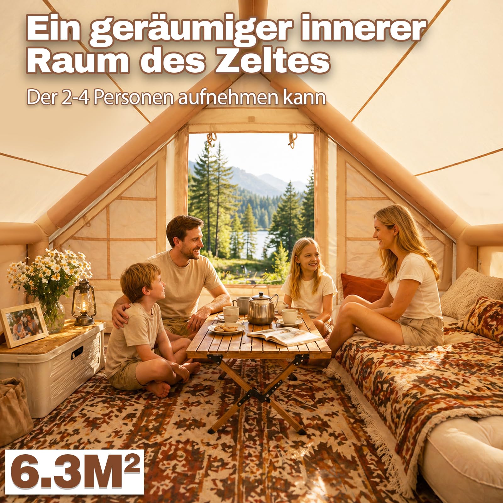 Aufblasbares Campingzelt mit Kaminöffnung & Dachfenster, Aufblasbare Zelt für 2-10per mit Luftpumpe, Zelt Aufblasbar aus Wasserdichtem Oxford-Stoff für Jahreszeiten, Schneller Aufbau Luftzelte