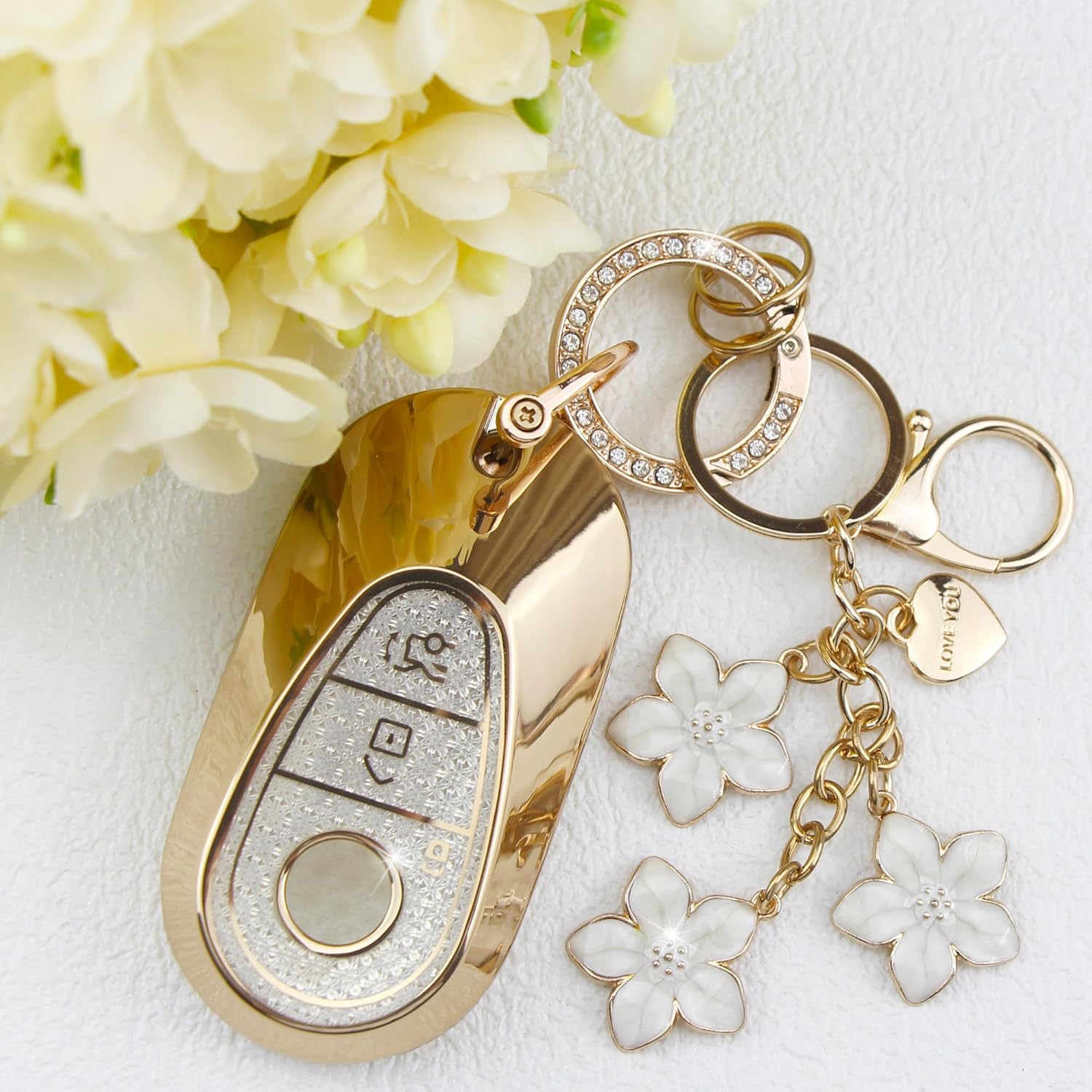 White TPU Key Fob Cover with Sakura Flower Keychain Compatible with Mercedes Benz S G C E EQE EQS GLC CLE SL 3-Button Smart Key for Women - Image 3