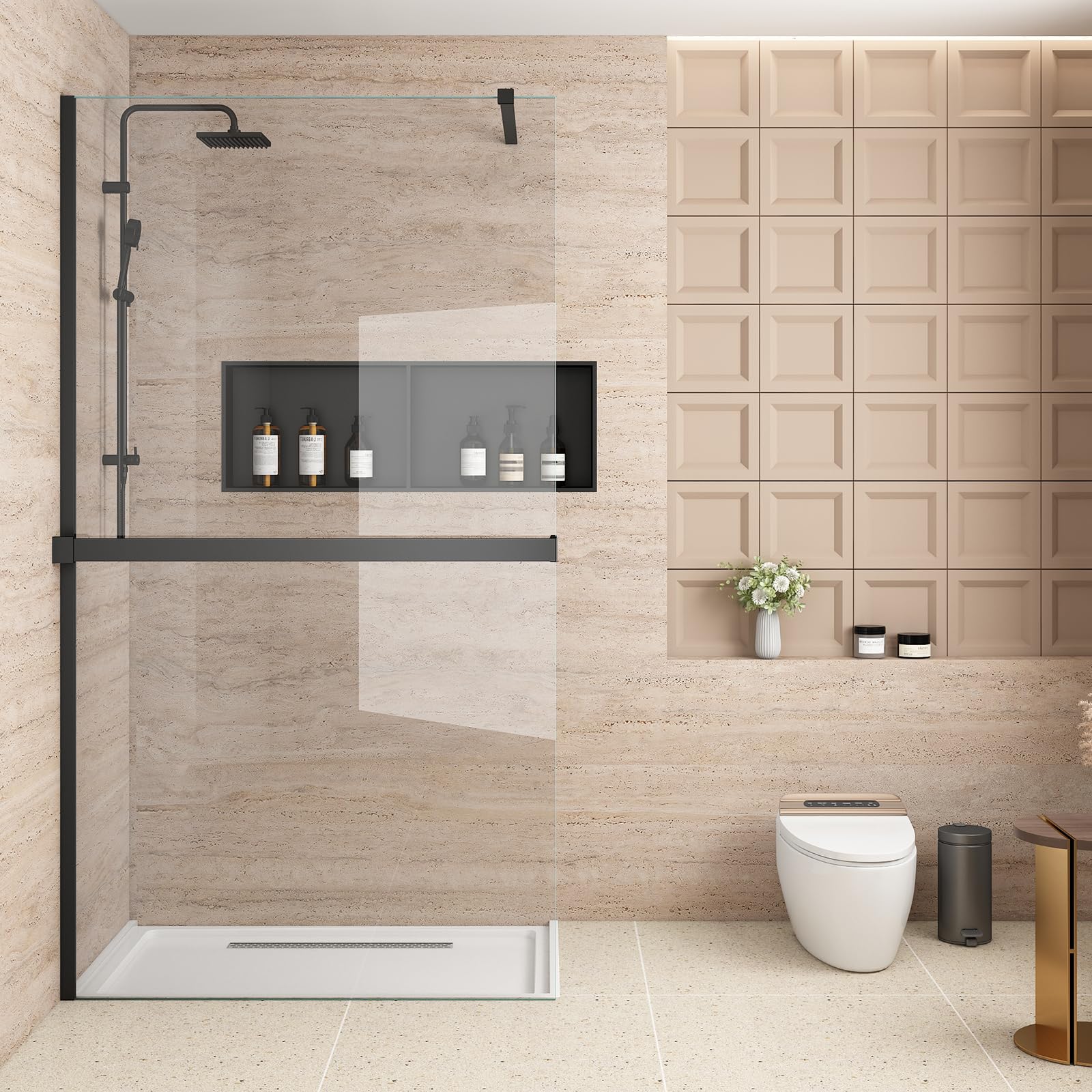 Duschwand für Dusche mit Ablage, Schwarz, 110 x 200 cm