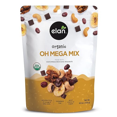 Elan Oh Mega Mix Organic Trail Mix, 4.8 onzas, trozos de chocolate negro vegano, arándanos, chips de plátano, anacardos, nueces, semillas de chía,