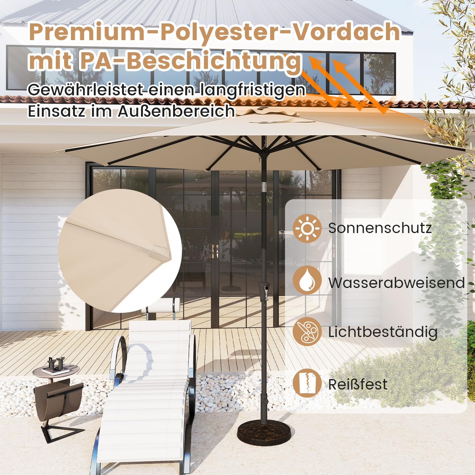 COSTWAY Sonnenschirm 300 cm, Gartenschirm mit Kurbel, beidseitig um 25° knickbar, 8 Rippen, Beige