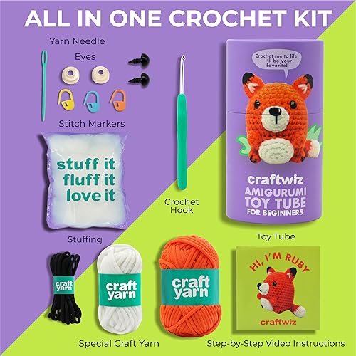 Miniatura 3 de Craftwiz Kit de ganchillo para principiantes, Ruby The Fox, kit de ganchillo Amigurumi para principiantes, adultos y niños, aprende a tejer con
