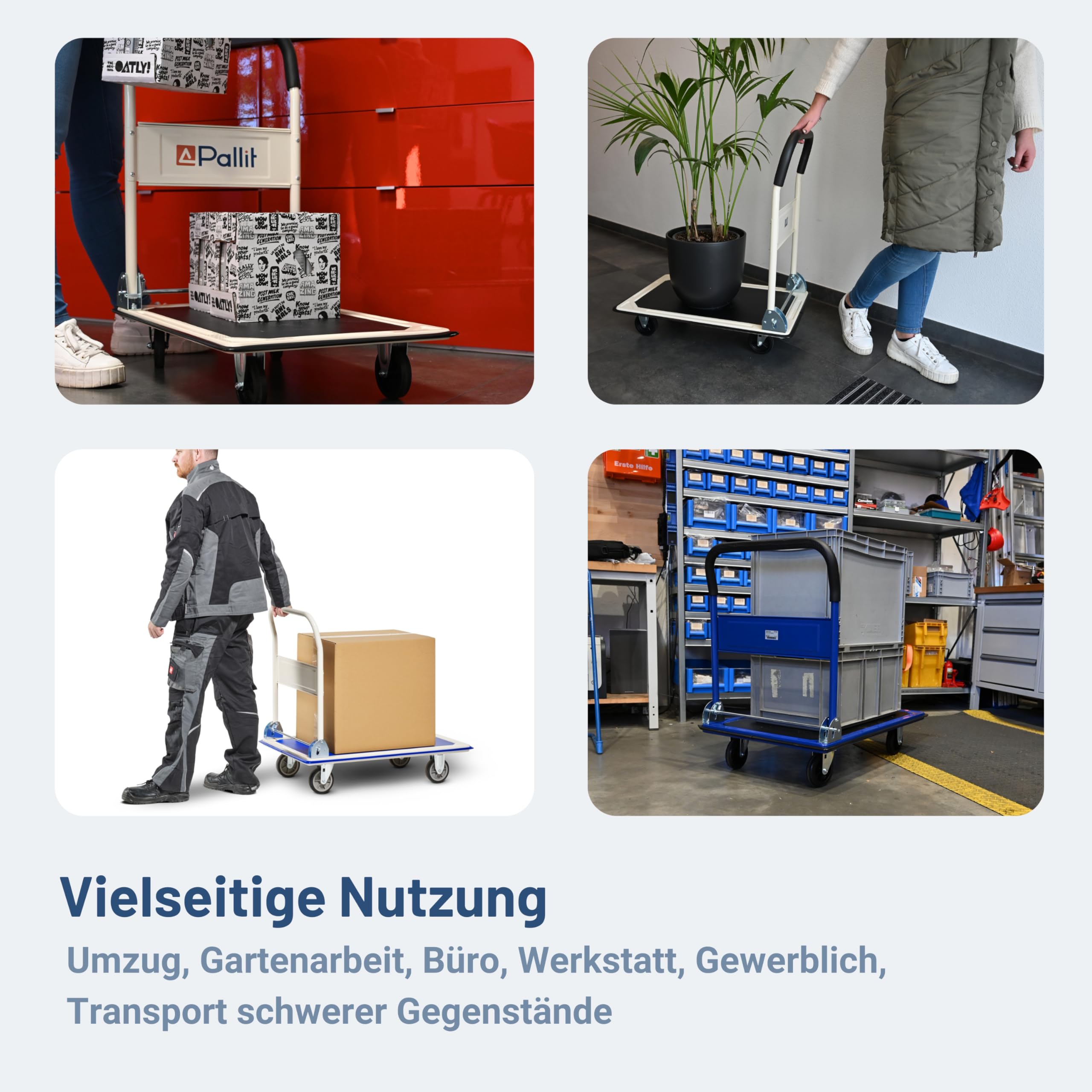 Pallit Transportwagen klappbar 300kg Rollwagen mit lenkbarer Luftbereifung Anti-Rutsch Plattformwagen Carry-R Transporthilfe Handwagen mit Feststellbremse