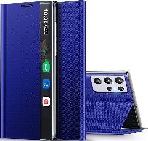 Miniatura 9 de Funda para Samsung Galaxy S21 Ultra 5G, Clear View Slim para Samsung S21 Ultra 5G, funda de lujo con espejo de policarbonato duro, soporte de cuero