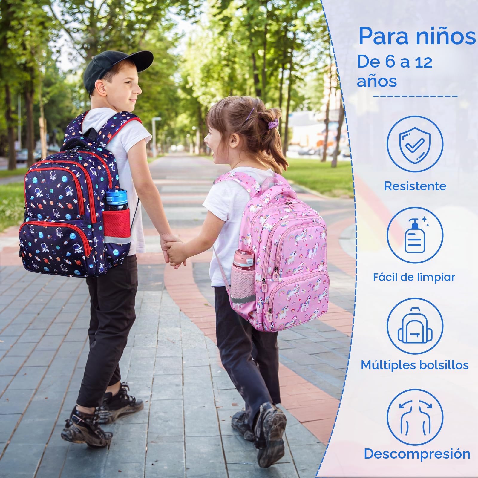 decalsweet Mochila Escolar Niño con Correa de Pecho, Mochila Infantil con Rayas Reflectantes, Gran Capacidad Mochila Niño, Mochila Escolar Adolescente para la Escuela y los Viajes (Astronautas)