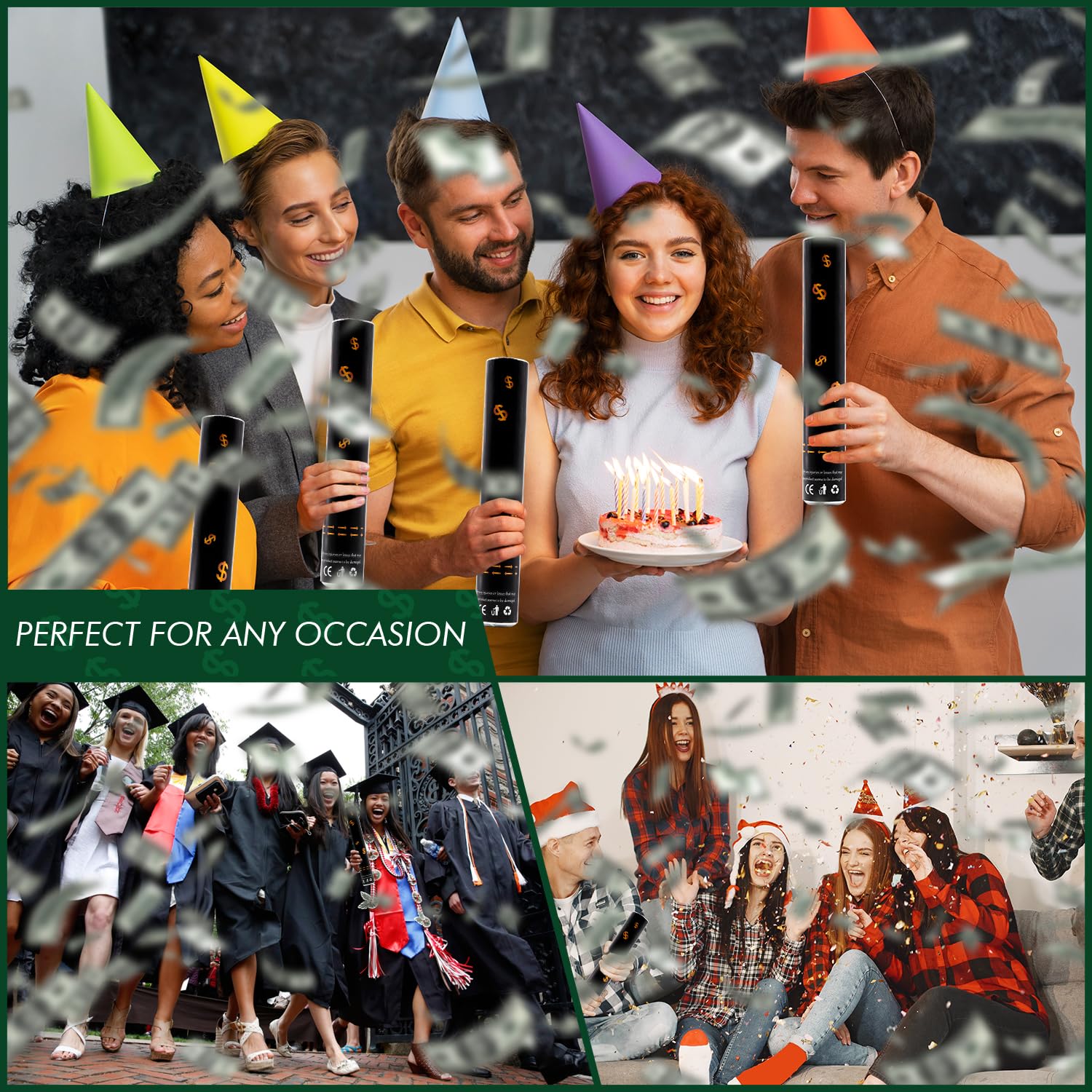 Konfetti-Kanonen-Party-Popper, 100 Dollar-Scheine, Geldpapier, "Make it Rain", 30,5 cm, Konfetti-Shooter, Geldwerfer für Geschäft, Unterzeichnung, Eröffnungsaktivitäten, Geburtstagsparty, Feier, 12