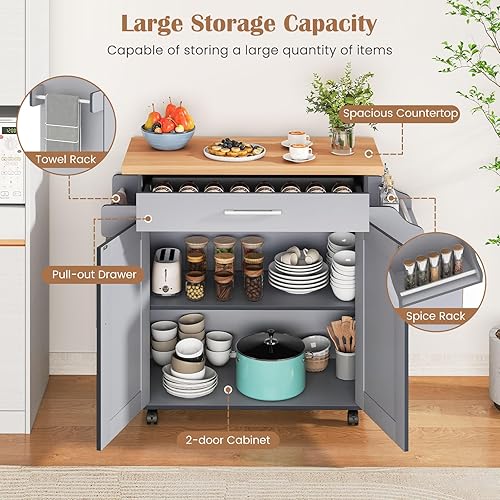 Miniatura 5 de Giantex Isla de cocina, carrito de cocina rodante con estante para especias y toallero, cajón grande y armario de almacenamiento de 2 puertas,