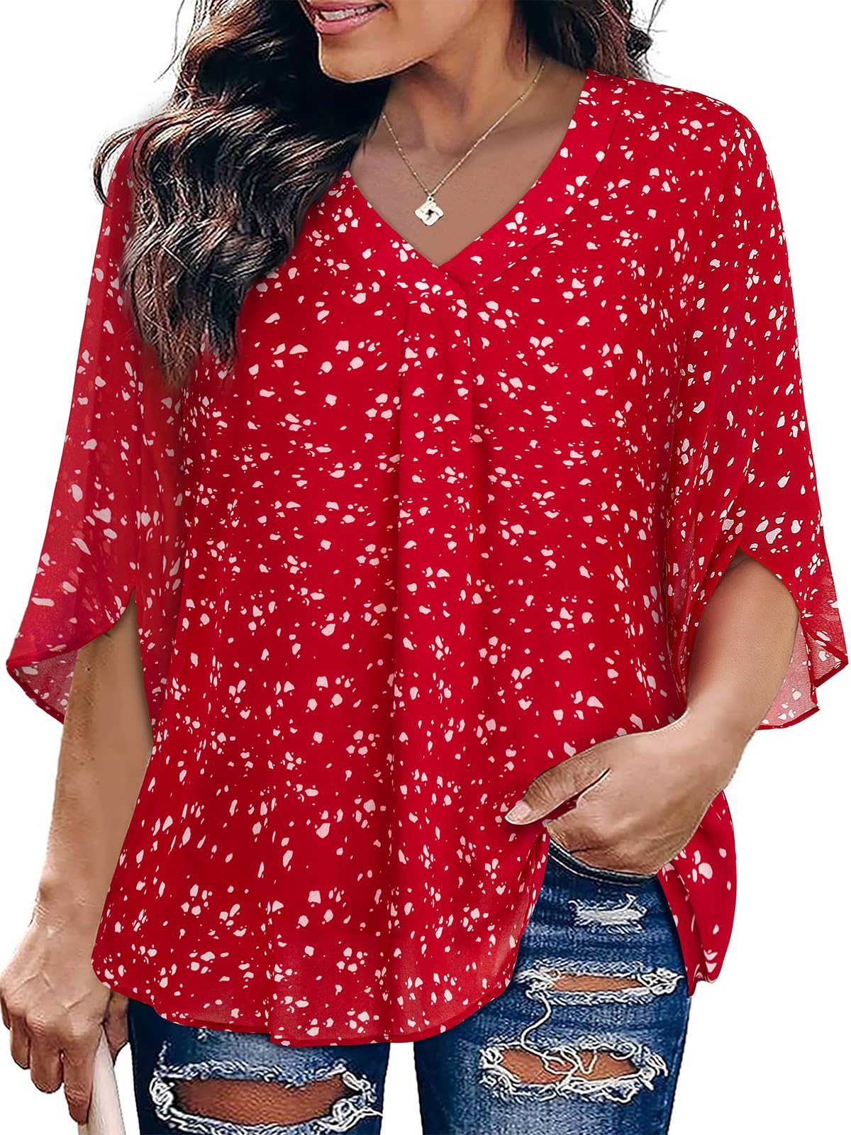 Siddhe Blusa elegante para mujer de gran tamaño, de gasa, manga 3/4, cuello en V, camisa con pétalos de flores, informal, blusa larga fluida, parte superior de gran tamaño para primavera y verano