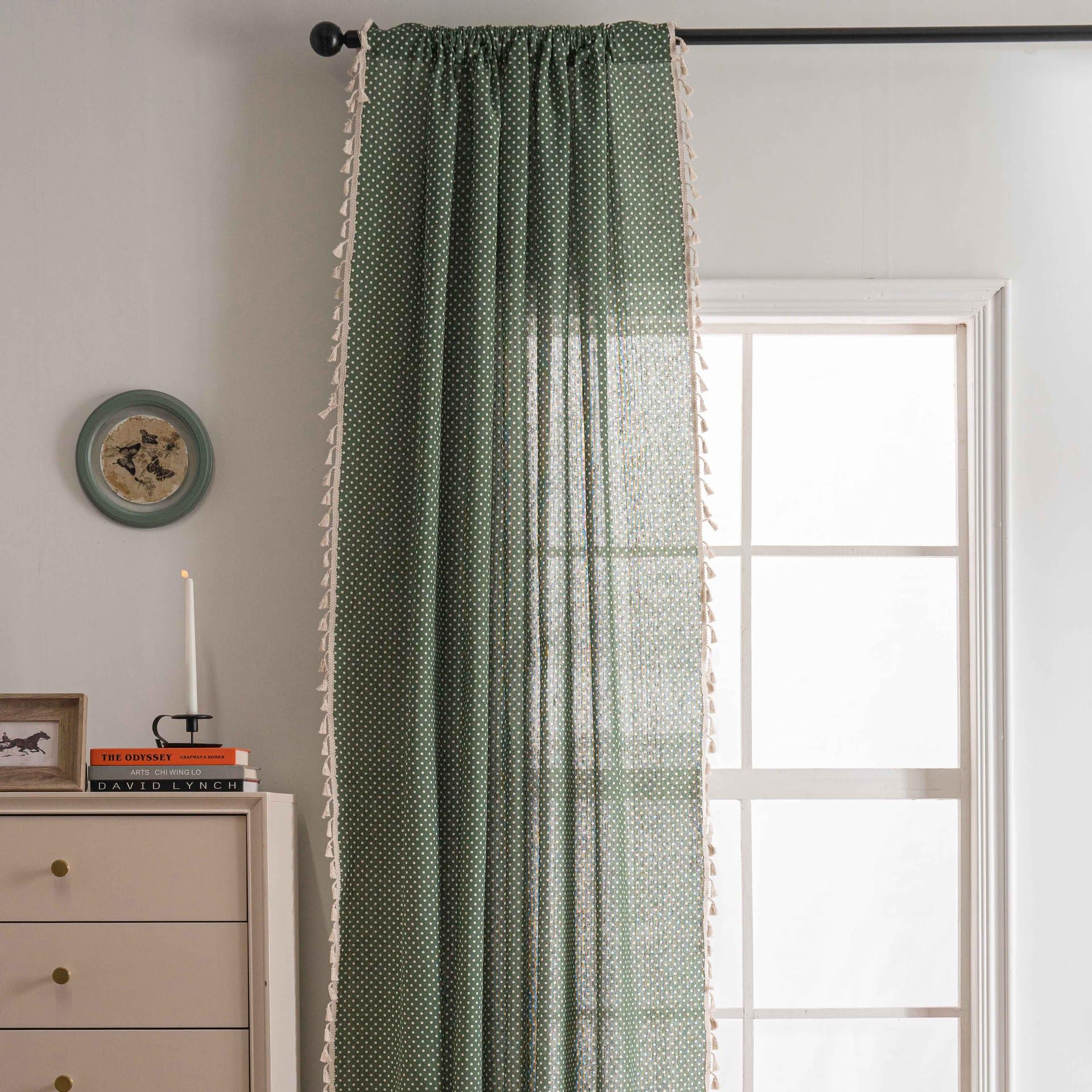 USTIDE Farmhouse Wave Point Curtain Cotton Linen Boho Light Flitering Curtain 1 Panel with Lace Macrame Decor for Bedroom Living Room,150x180cm