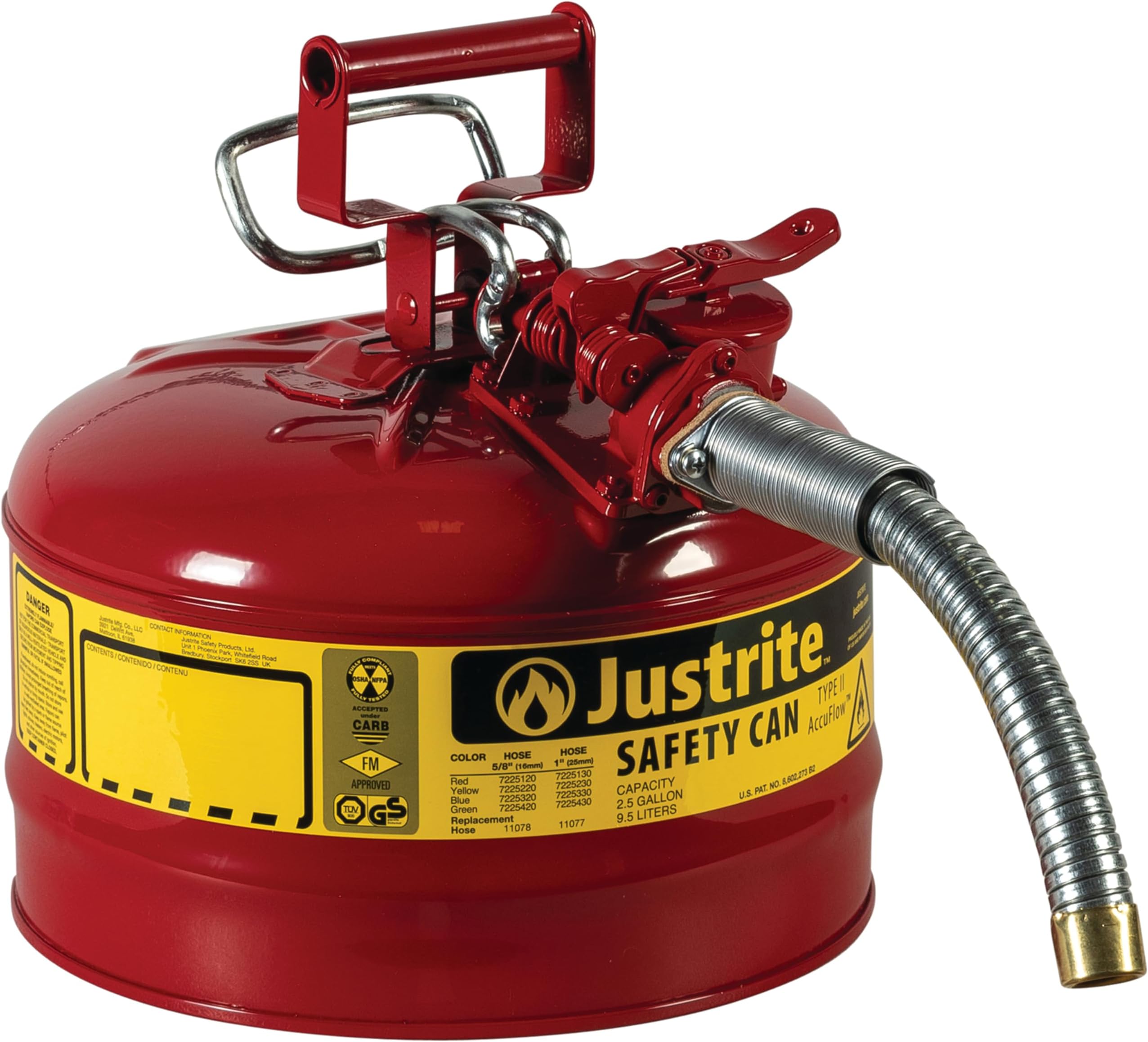 Justrite 7225130 AccuFlow 2.5 Gallon, 11.75" OD x 12" H Galvanized Steel Type II Red Safety Can With 1" Flexible Spout