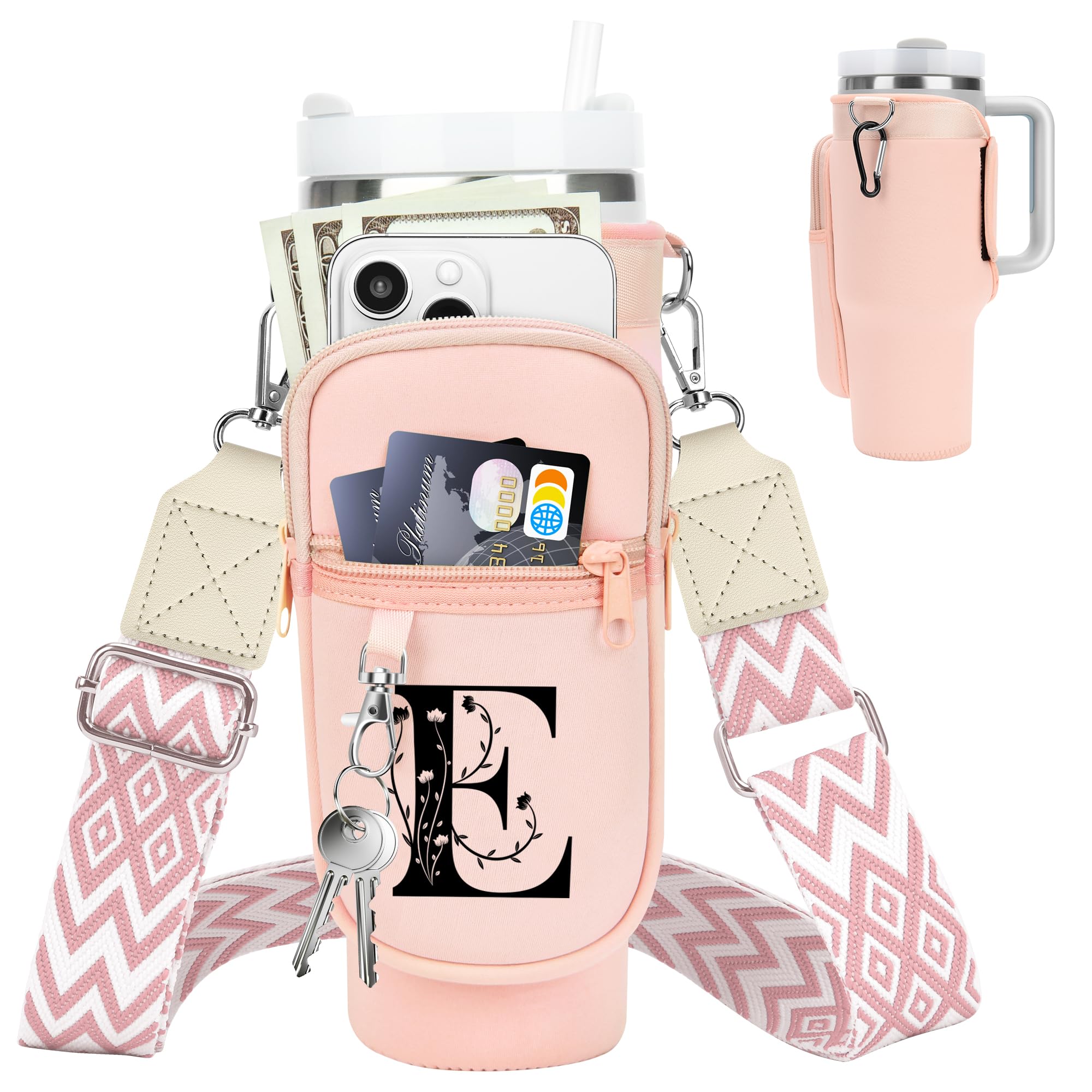 Initial Water Bottle Holder with Strap for Stanley Cup 40 oz Tumbler