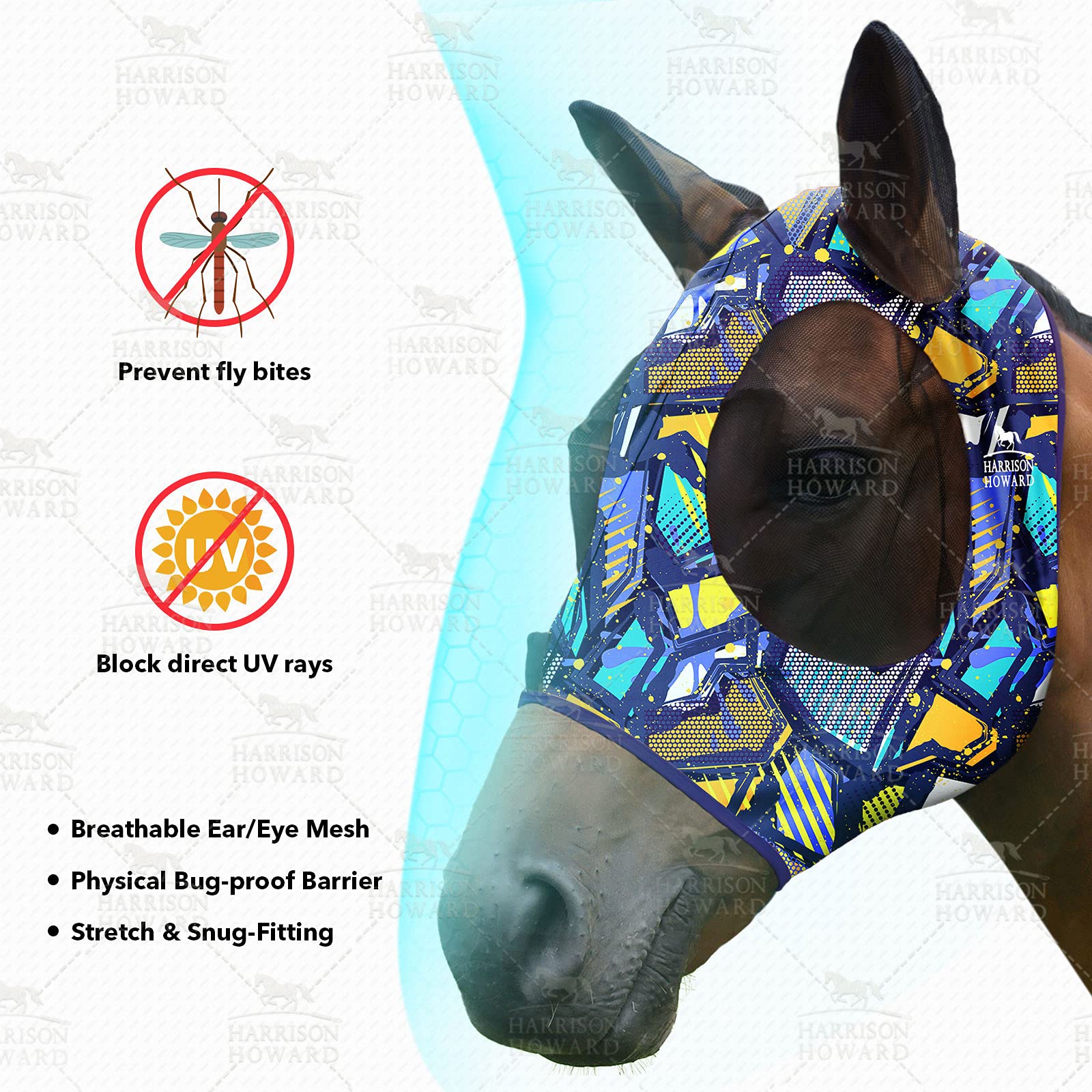 Harrison Howard Super Comfort Stretchy Fly Mask Large Eye Space with UV Protection Soft on Skin with Breathability- Azure Blue M — view 40