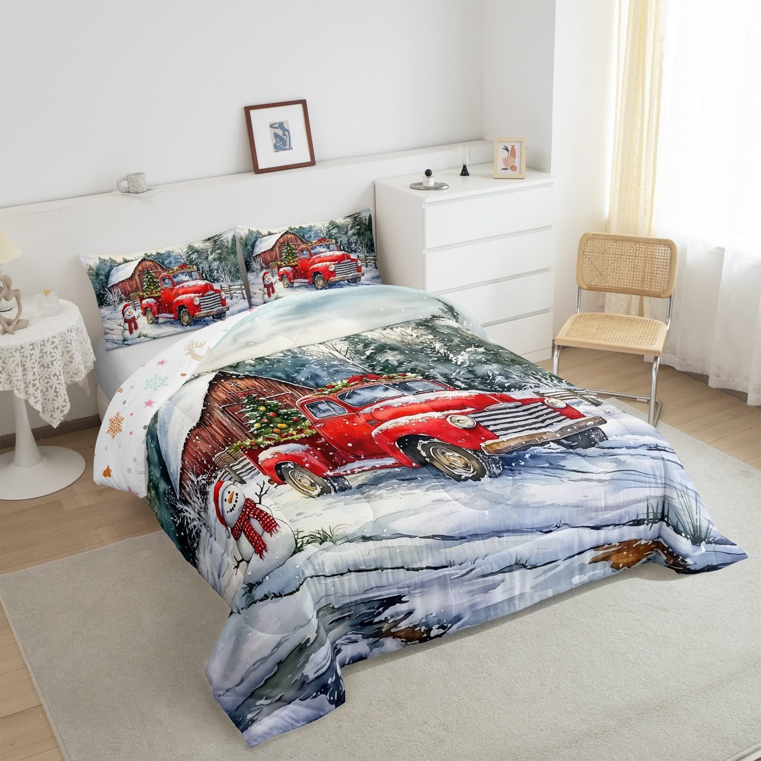 Castle Fairy Winter House 3 Pcs King Size Comforter Set,Merry Christmas Down Alternative Adults Bedroom Decor,Ice Scenery Snowman Ultra Soft Microfiber Inner Fill 3 Pcs Bedding
