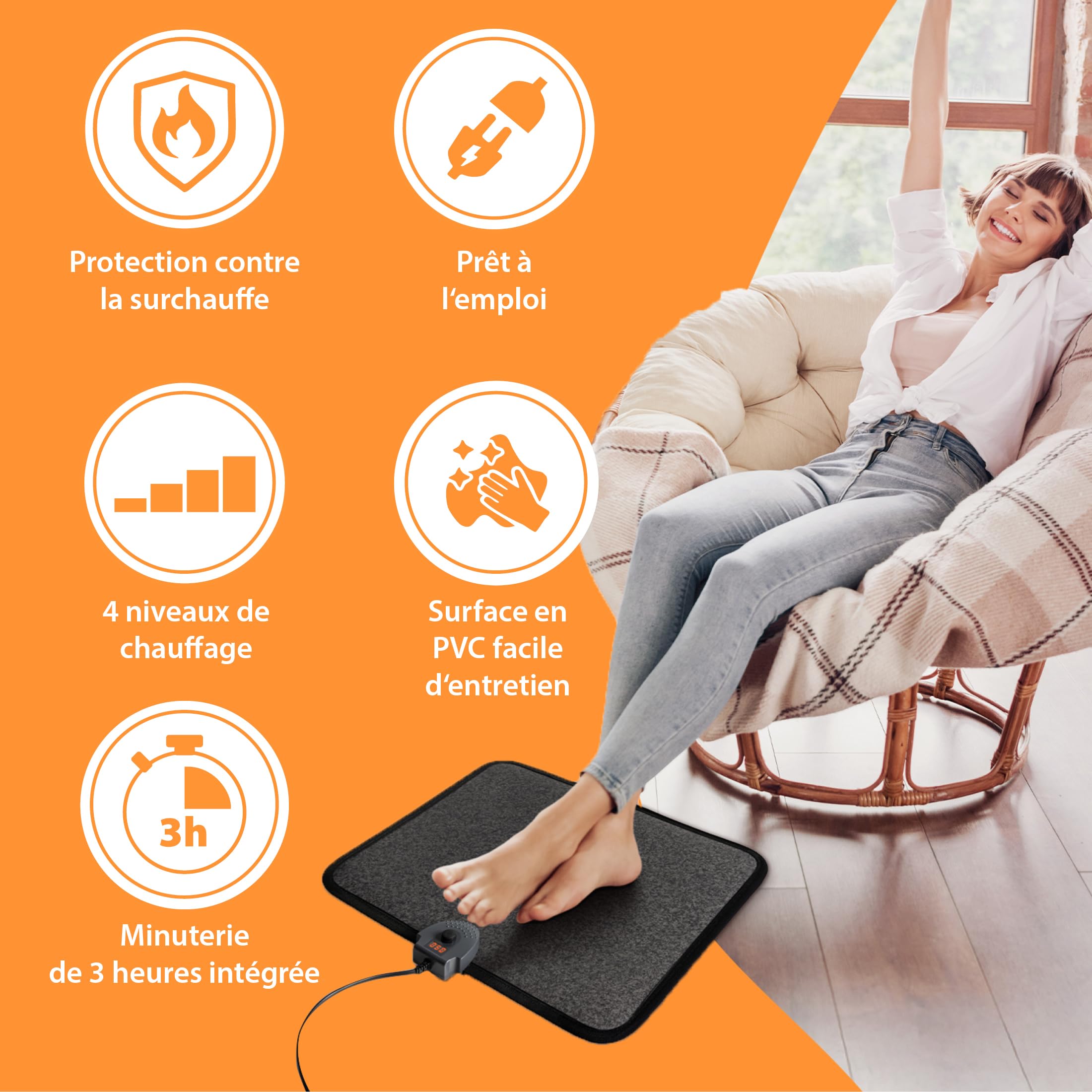 Mi-Heat Tapis Chauffant Électrique PVC 40x50 cm – Chauffe-Pieds avec Interrupteur à Pied & Minuterie – Tapis de Sol Imperméable pour Bureau et Chat, Facile à Nettoyer (max. 45°C)