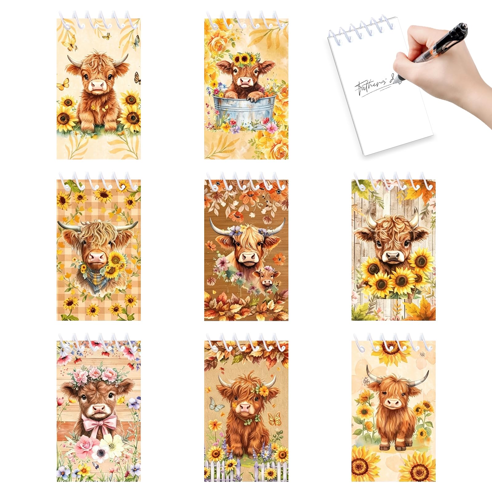 8 Pack Highland Cow Pocket Notebook, A7 Spiral Small Notepad, 3.94×2.36 Inch Mini Notebook, Highland Cow Gifts for Women Girls, Cute Stationary Supplies for School Office Travel, Party Bag Fillers