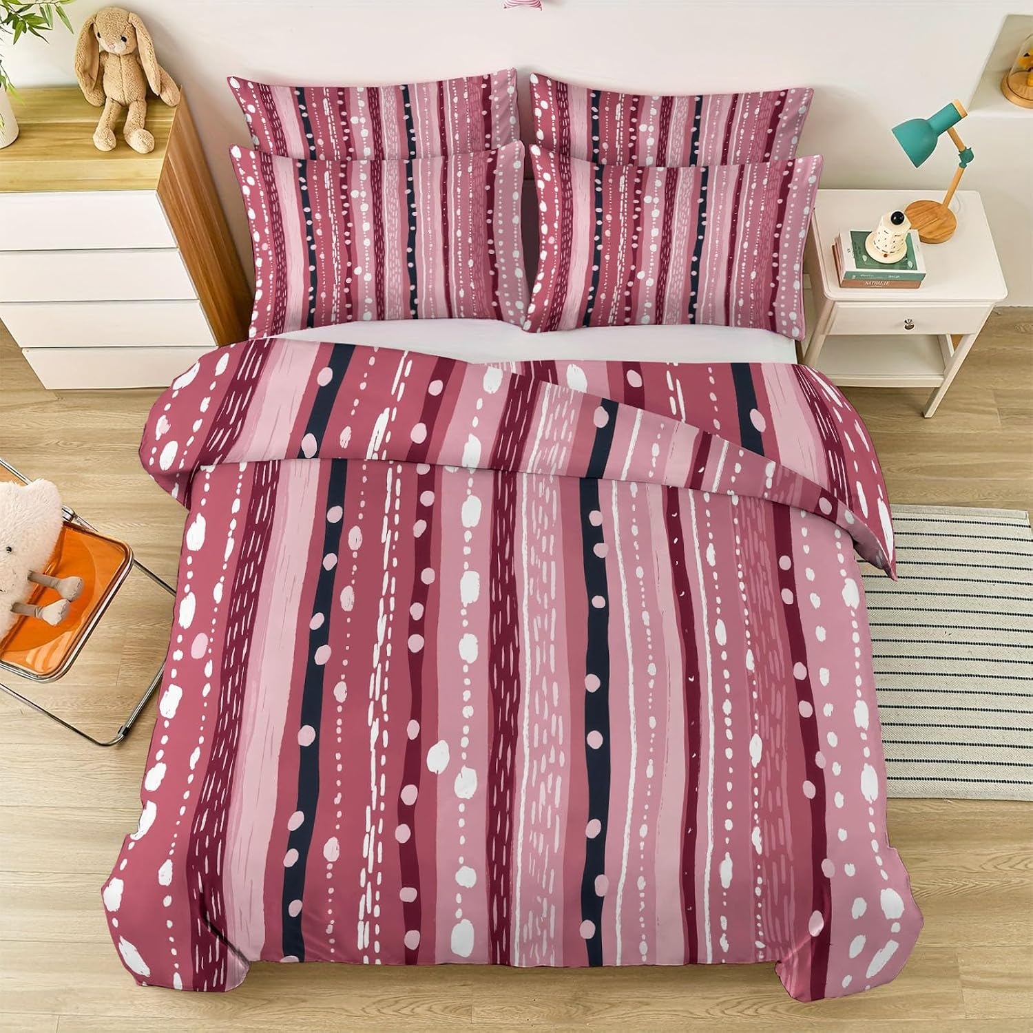 Duvet Cover Sets Hand-Painted Traditional Stripes Polka Dots Reversible Bedding Printed Sets, Full Size 80"x90" Bedding for Kids Boys Girls Adult, Quilt Cover with Zipper Closure 4 Ties, Pink