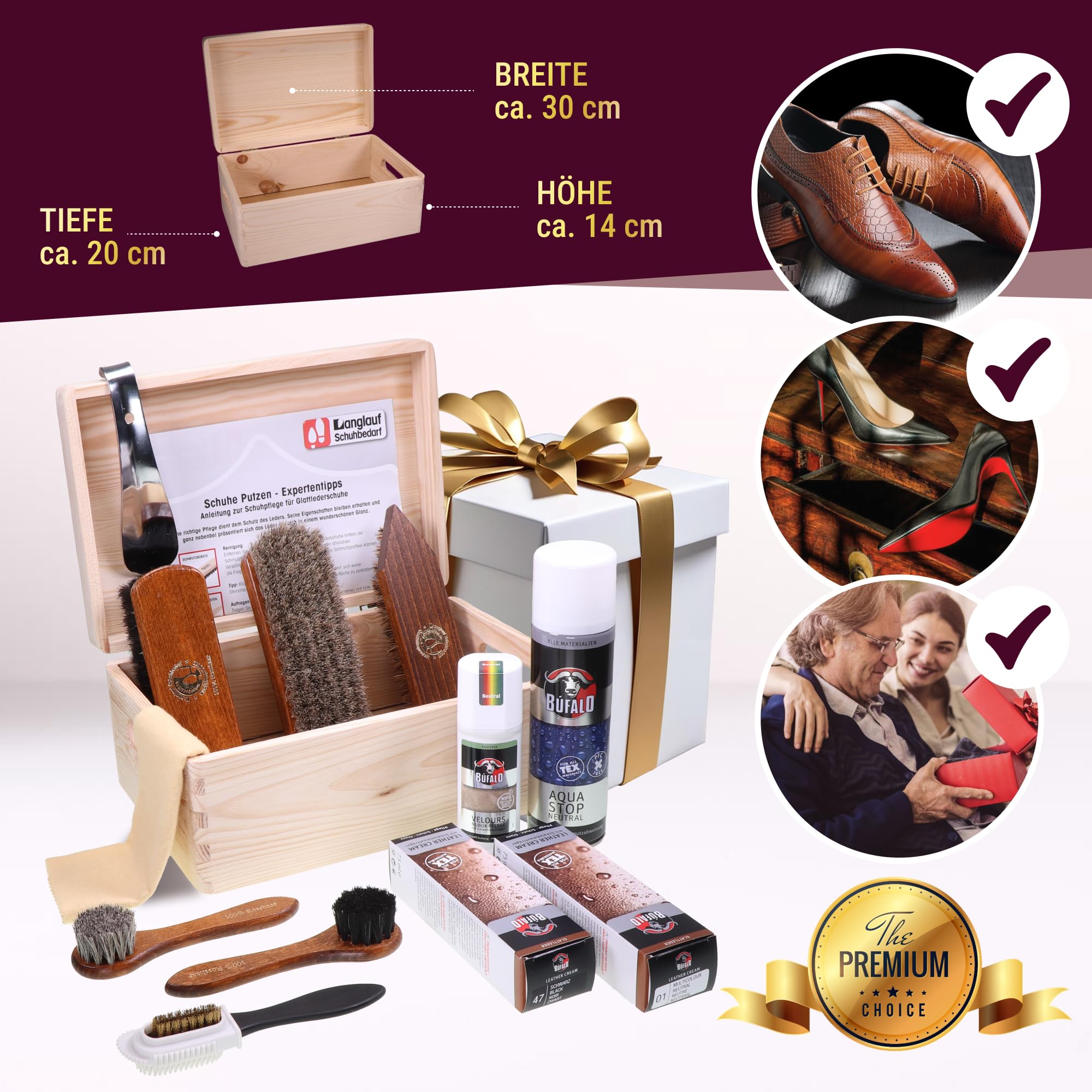 Langlauf Schuhputzset 13tlg Venezia - Schuhpflege Glatt- & Wildlederbürsten | mit Schuhcreme farblos/schwarz, Imprägnierung, Velours- & Nubukpflege, Rosshaarbürste Schuhbürsten Set für Glanz & Reinigung