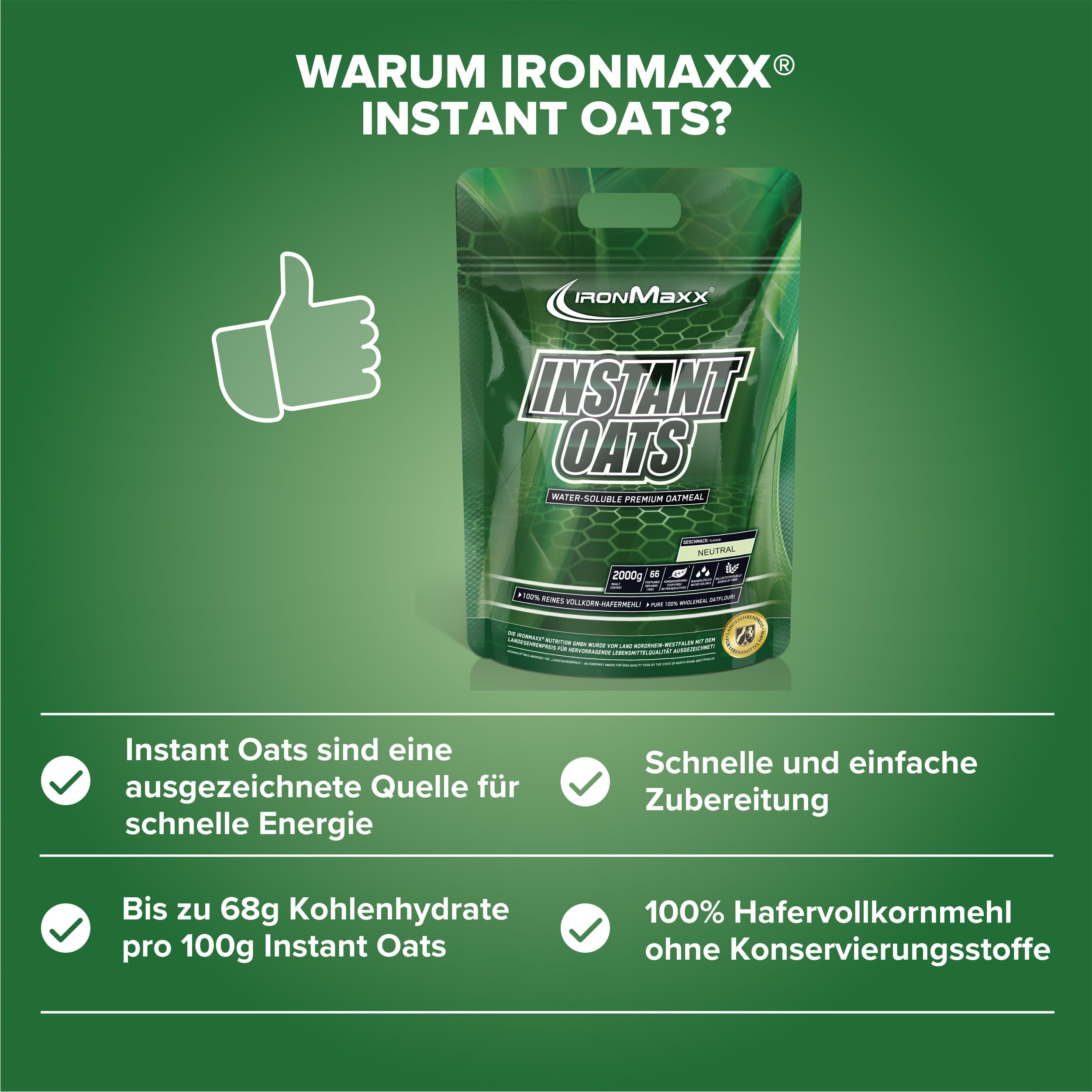 IronMaxx Instant Oats płatki owsiane – neutralny worek 2000 g | naturalny wegański gainer | niski poziom cukru i bez substancji konserwujących