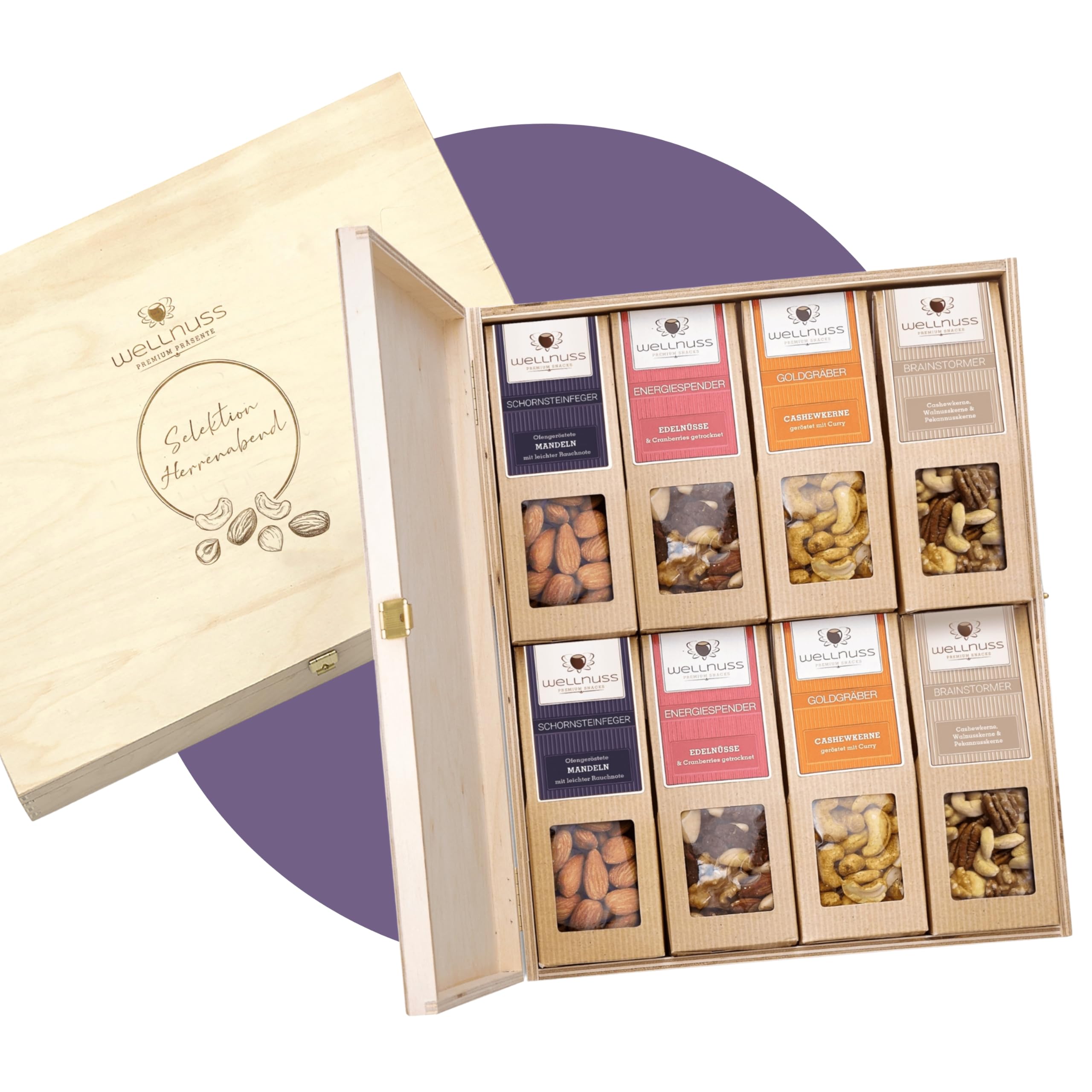 WELLNUSS Geschenkset für Männer Herrenabend mit edlen Nussmischungen 8 Premium Snacks in Birkenholzbox 8x60g Vegan