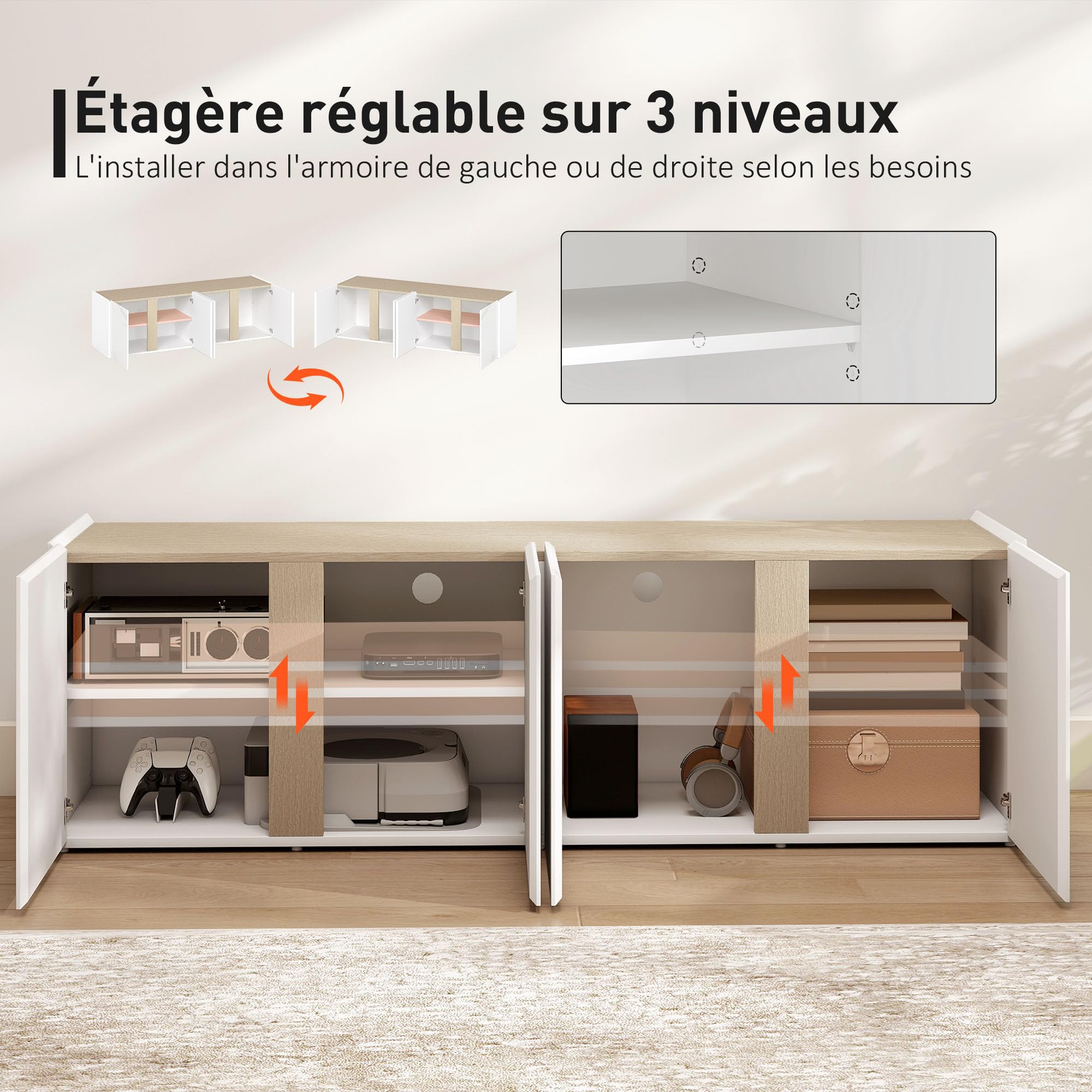 HOMCOM Meuble TV 135 cm pour Téléviseur Jusqu'à 65 Pouces, 4 Portes, Blanc | Meuble Télé, Fermeture Amortie, Étagère Réglable, Passe-Câbles, Banc TV, pour Salon, Chambre à Coucher