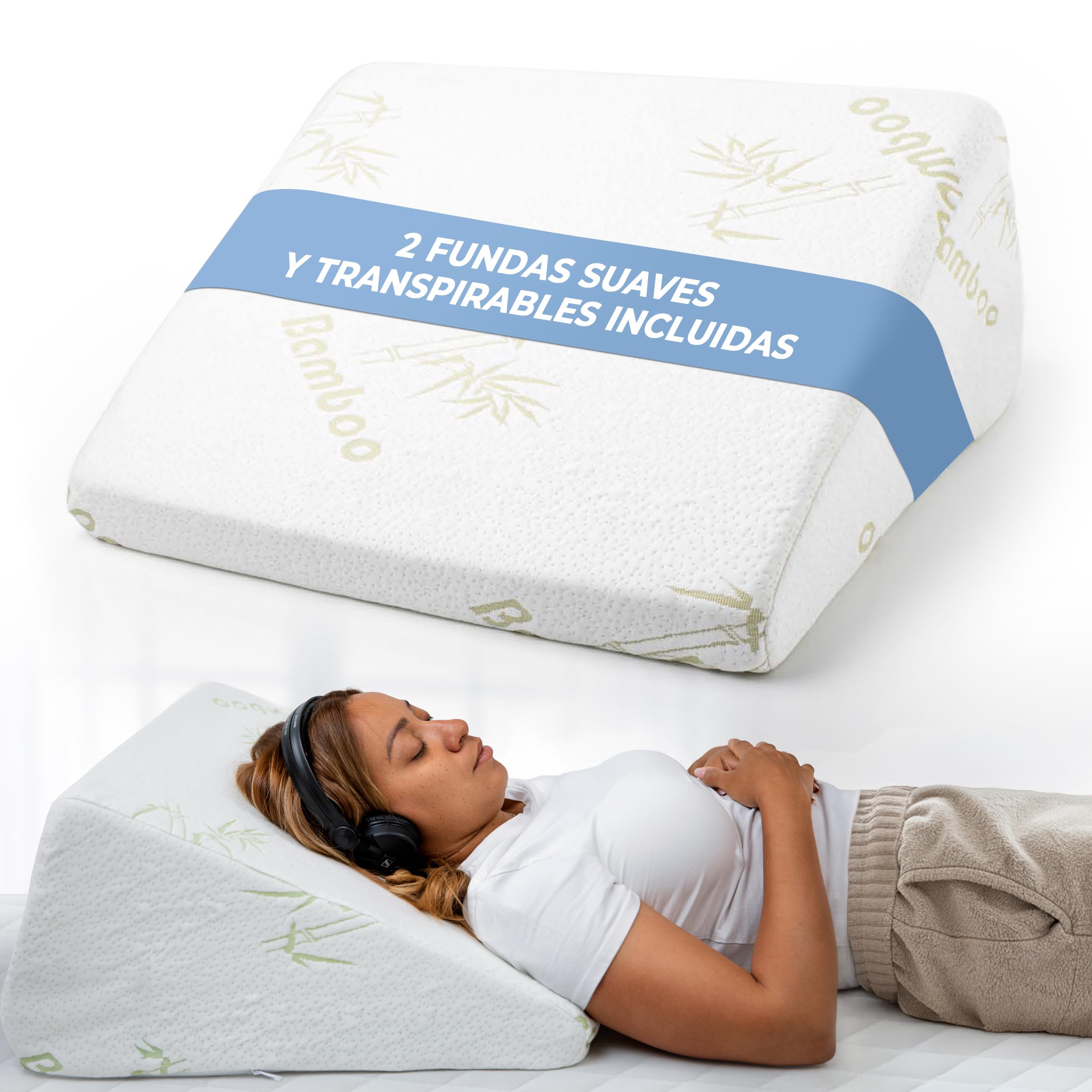 Restwell® Almohada Cuña Ergonómica 60 cm de Ancho | Cojin Respaldo para Leer Ver TV o Trabajar con Portátil en Cama y Sofá | Soporte Cómodo de Espalda | Viscoelástica Transpirable | 2 Fundas Incluidas