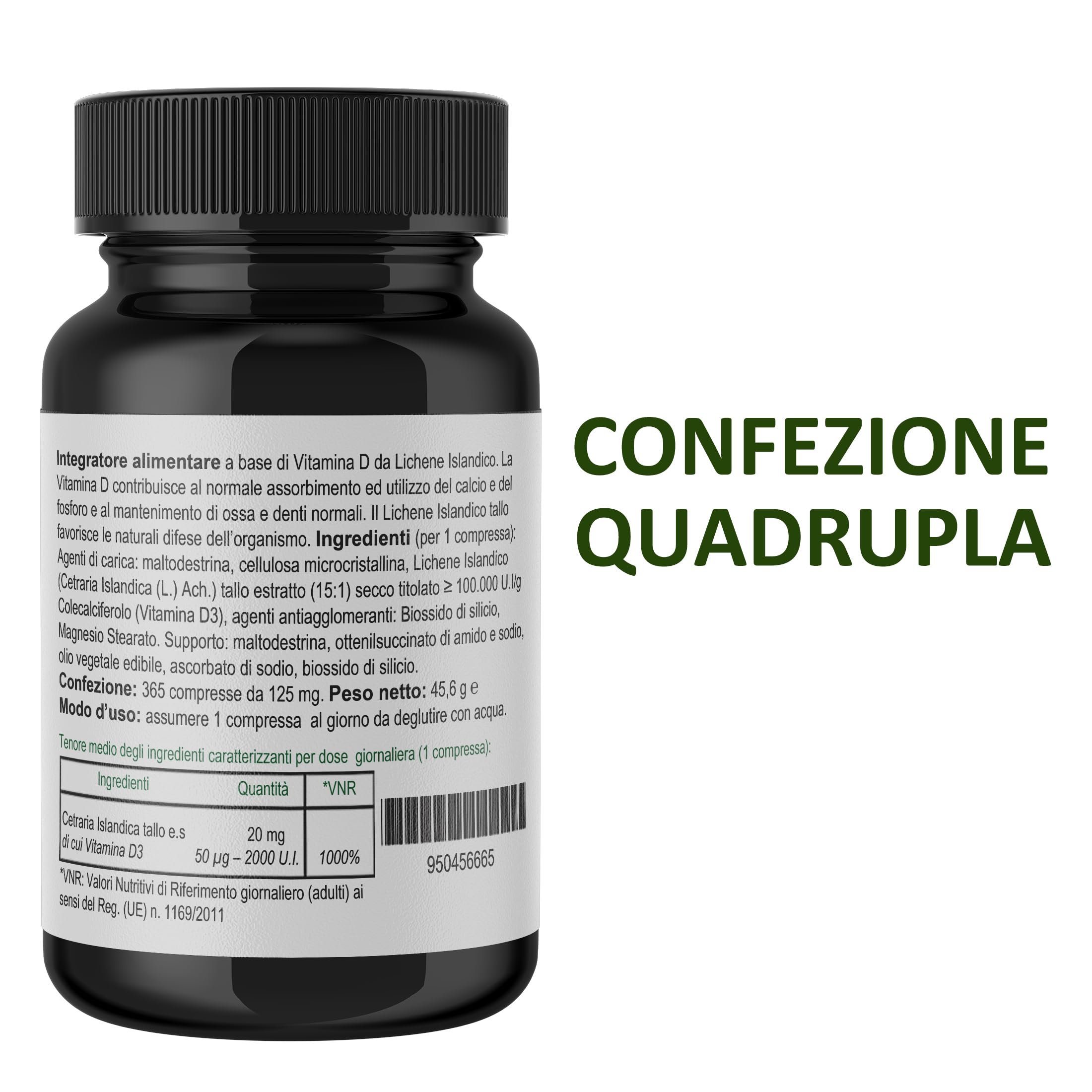 Vitamina D3 2000 UI da Lichene Islandico NATURAL VITAMIN D3 Adatto a Vegetariani 1460 Mini Compresse, 1 al dì per il Sistema Immunitario, Ossa e Denti