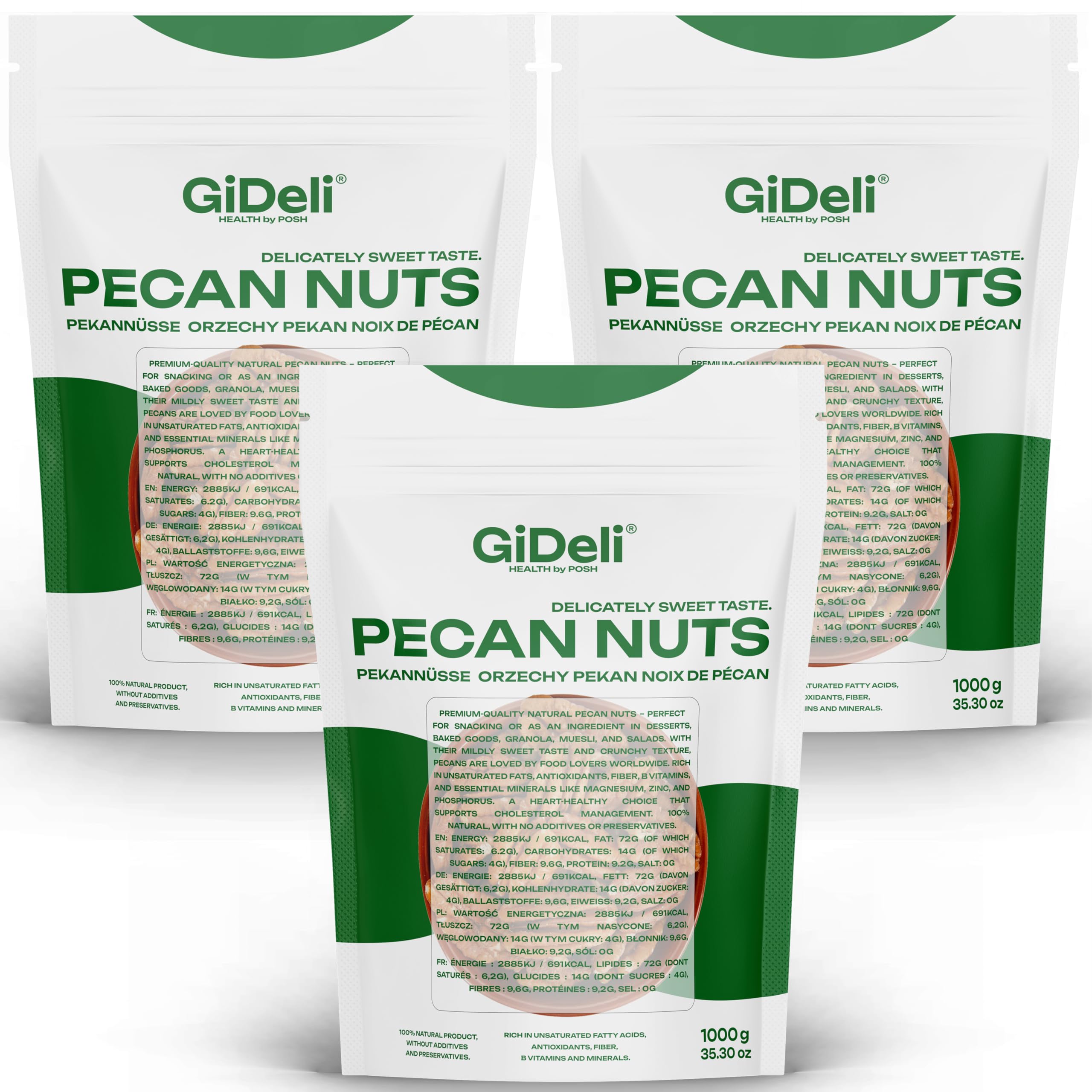 GiDeli Pekannüsse 3 x 1 kg - ganze Kerne, naturbelassen & ungesalzen, USA