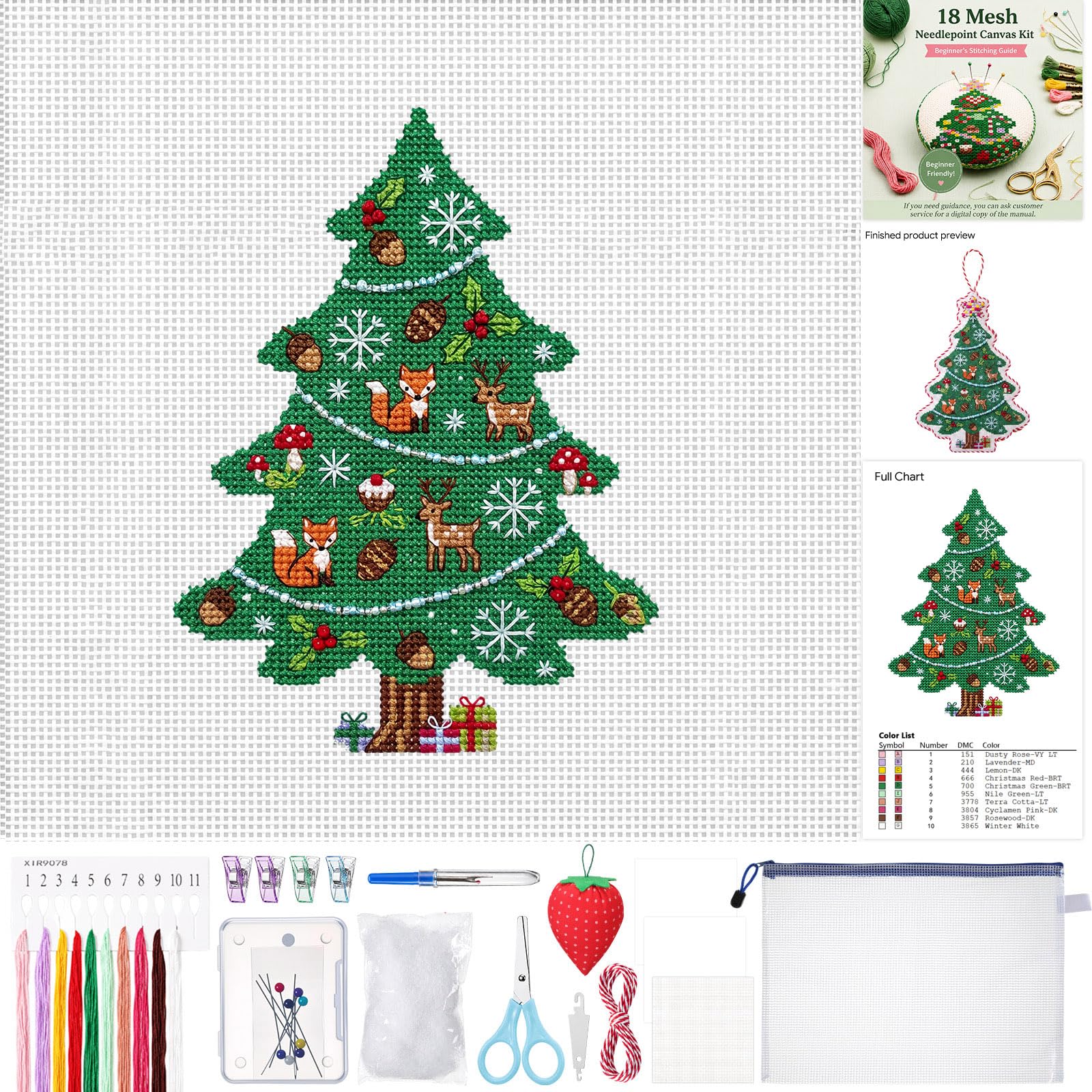 Rivvlive 26 Pcs Christmas Tree 18 Mesh Needlepoint Canvas Kit Beginner