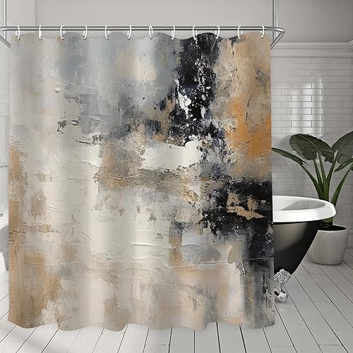 Miniatura 6 de Cortina de ducha con pintura al óleo abstracta para baño, juego de cortinas de ducha boho marrón negro gris blanco, con trazos de pincel, tela