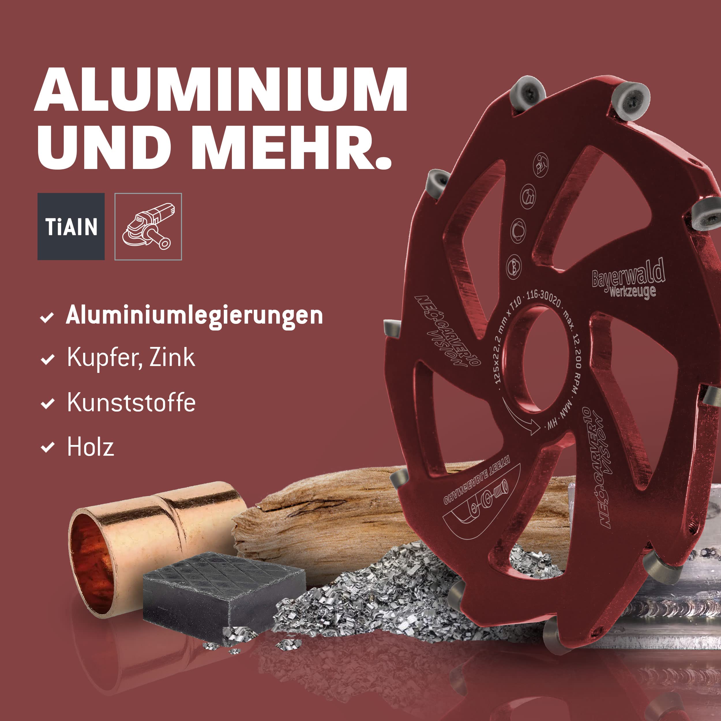 Bayerwald NeoCarver 10 Vision – tarcza frezarska z twardego metalu do aluminium – aluminiowy Carver pasuje do szlifierek kątowych – Ø 125 mm x 22,2 mm / 10 zębów