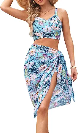 GRACE KARIN Women's Bathing Suit 3 Piece Bikini Sets High Waist Swimwear Sexy Printed Ruched Swimsuit with Cover Ups