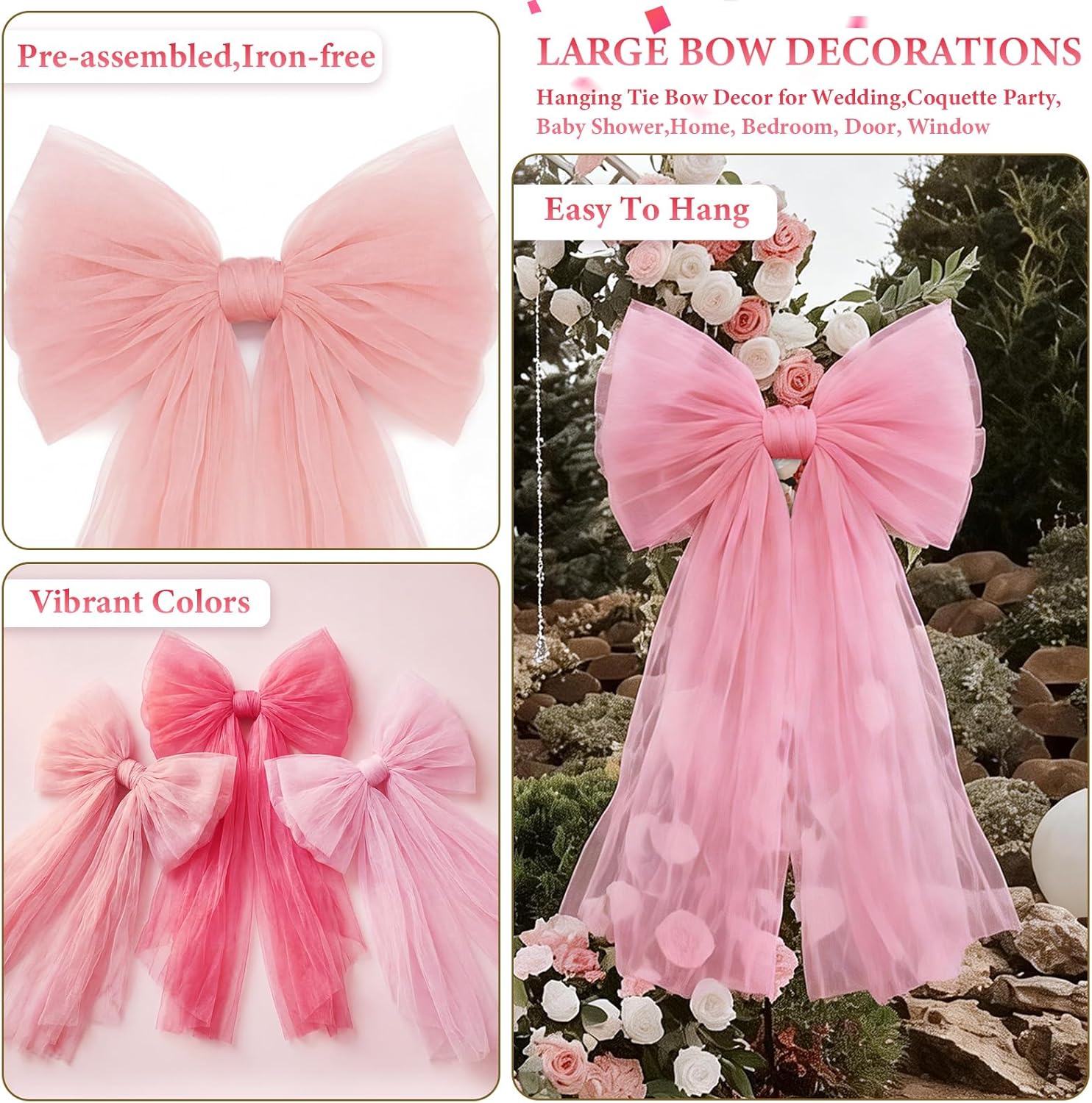 6 Pcs Large Mesh Bows for Backdrop Decor Cute Giant Premade Bows Big Tie Hanging Wall Decor for Coquette Room Graduation Baby Shower Birthday Wedding Bridal Shower, Iron-Free(Pink)