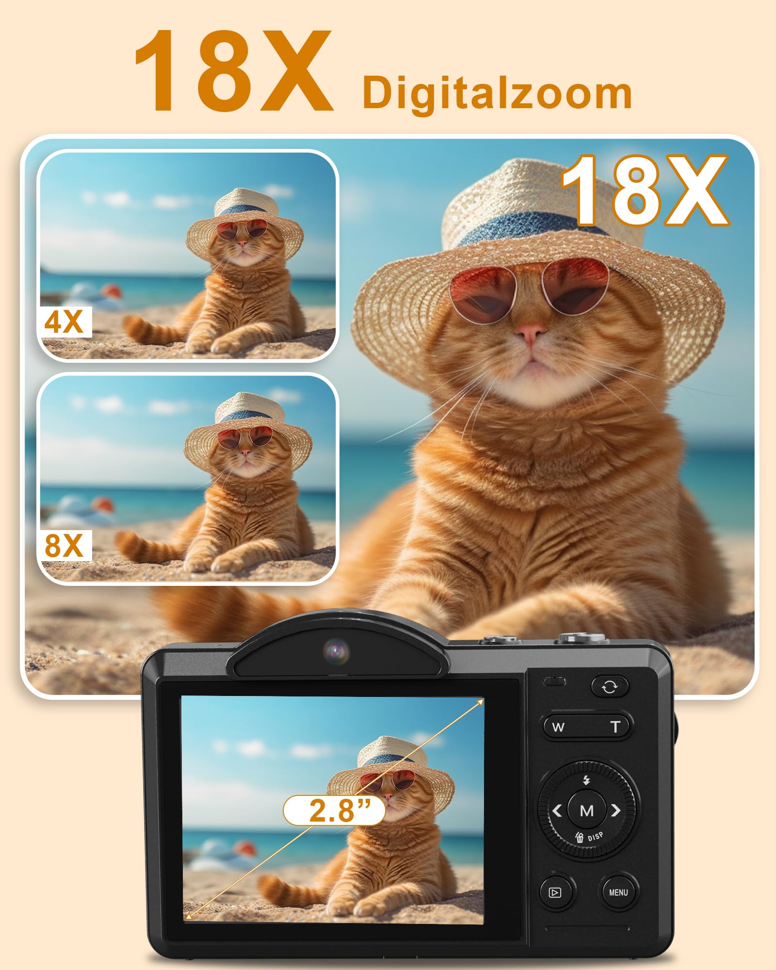 5K 80MP Digitalkamera Kamera, Digital Kamera für Vlog mit WLAN, 2.8" Kompakte Kamera für Anfänger, 18X Digitalzoom, Autofokus, mit 64GB Karte, 2 Akkus, Fotoapparat für YouTube Anfänger Erwachsene