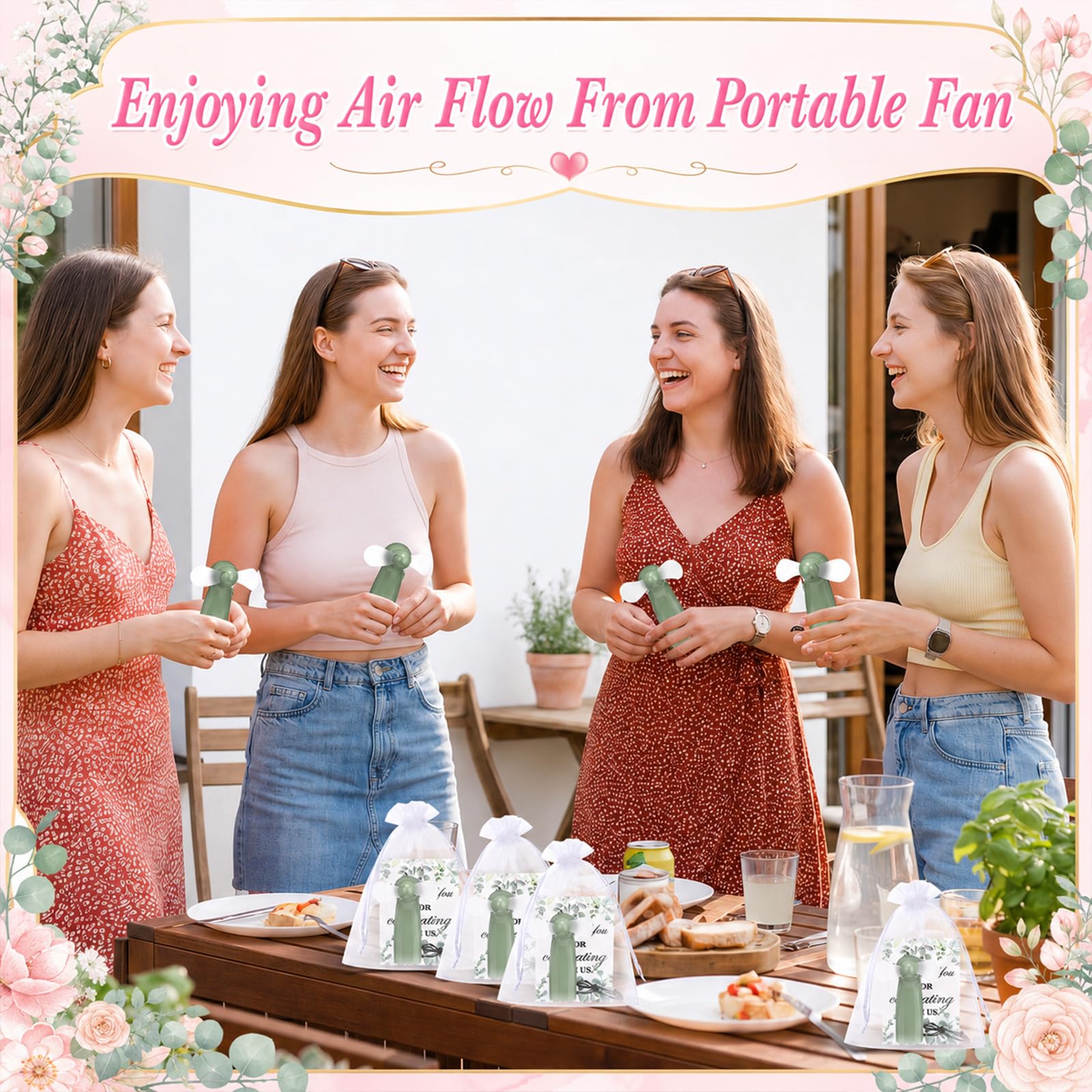 Fumete 24 Sets Hochzeitsfächer für Gäste, Großpackung, Mini-Ventilator, Handventilator, Hochzeit, tragbarer Ventilator mit Dankeskarte, Geschenktüten, batteriebetrieben, kleine persönliche Fächer für