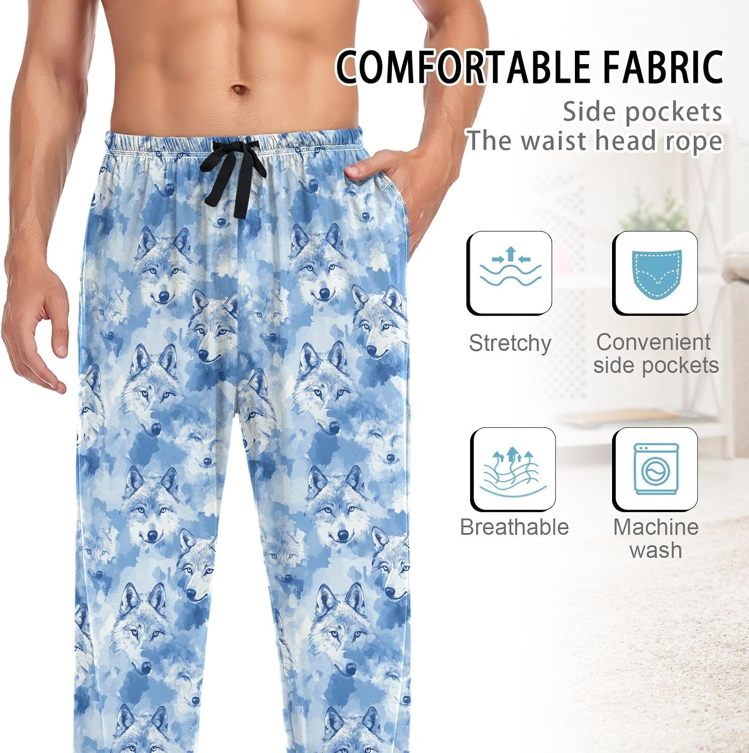 Matching Pajamas for Couples Aesthetic Wolf Blue Sky Long Sleeve PJs for Men & Women Soft Warm Long Sleeve image 4