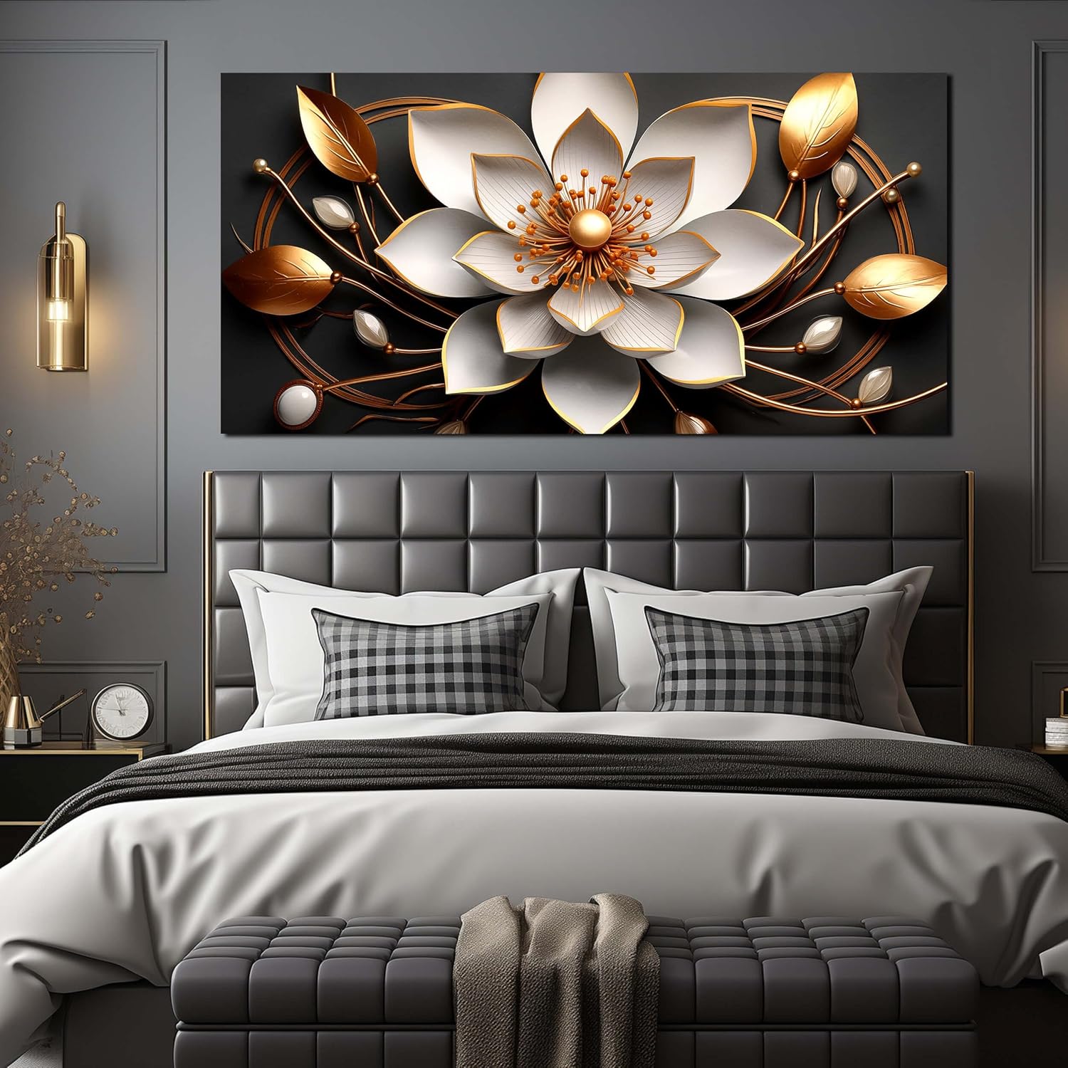 Large Canvas Wall Art Gold and White Flower Picture Wall Decor for Living Room Office Bedroom Decor Wall Painting framed wall art Modern Artwork Decorative Painting Wall Art Ready to Hang 29x58 IN