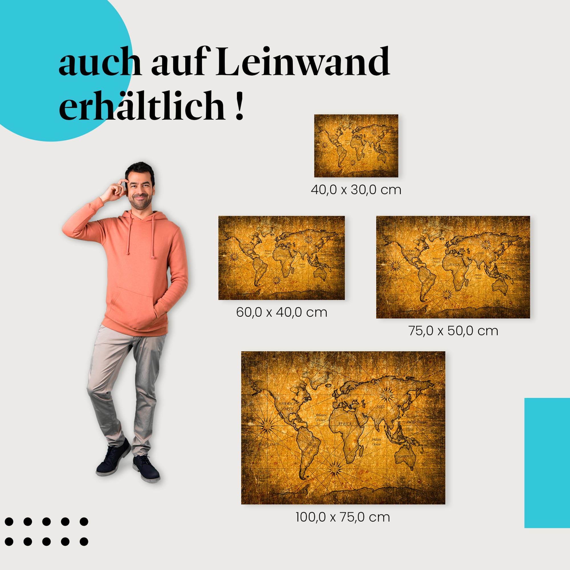 Postereck - 2077 - Alte Weltkarte, Kontinente Geografie Weltmeere - Unterricht Klassenzimmer Schule Wandposter Fotoposter Bilder Wandbild Wandbilder - Leinwand - 100,0 cm x 75,0 cm