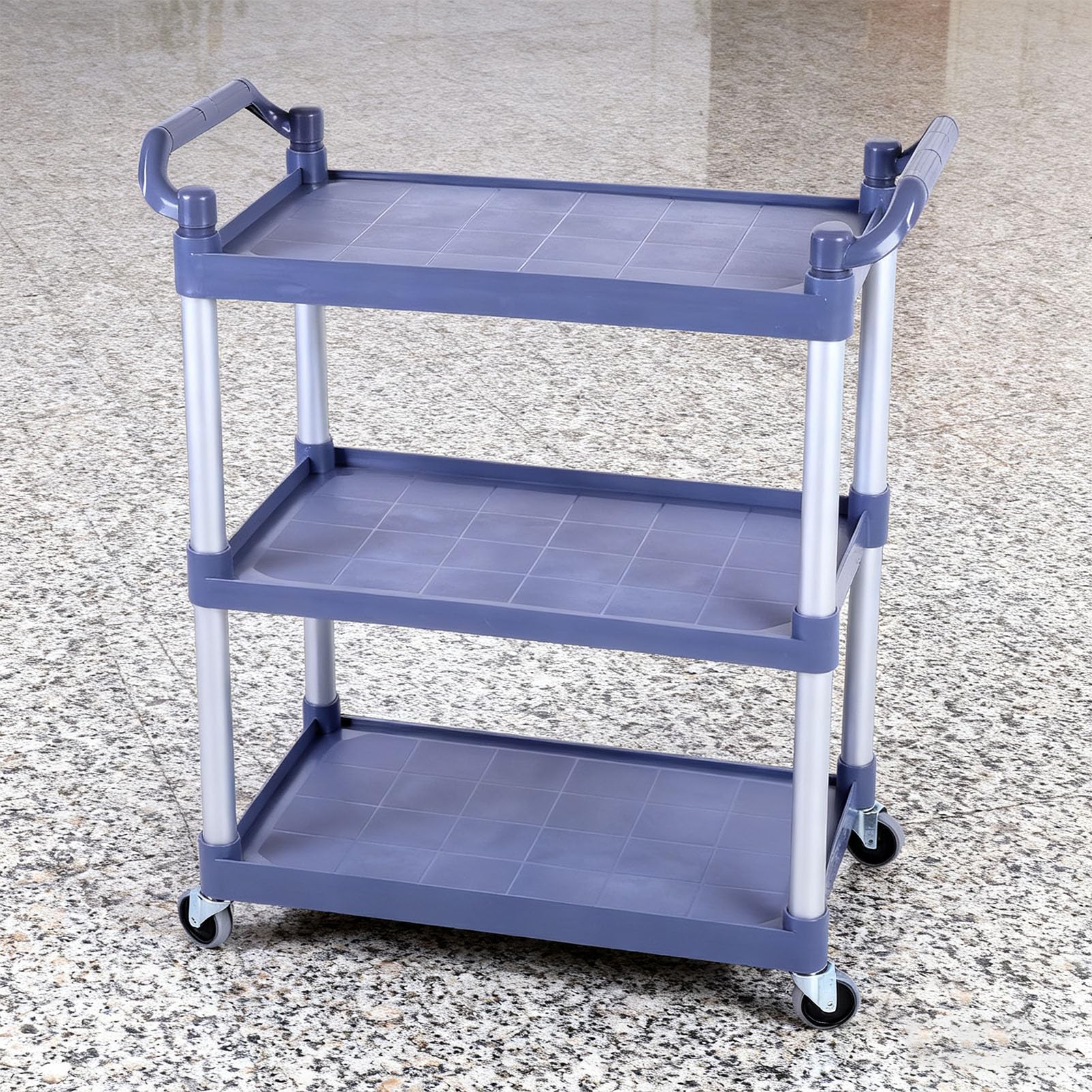 Carro Utilitario de Plástico de 3 Estantes, Color Gris Medio, Resistente, con Ruedas, Ideal para Laboratorio, Almacén, Garaje, Cocina o Restaurante.
