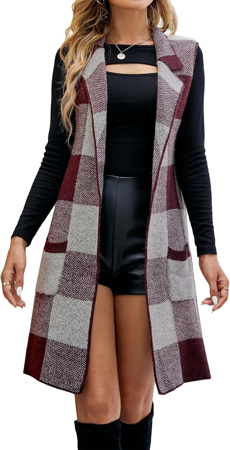 IDEALSANXUN Womens Long Plaid Sweater Vest Fall Winter Sleeveless Knitted Open Front Cardigan Tops