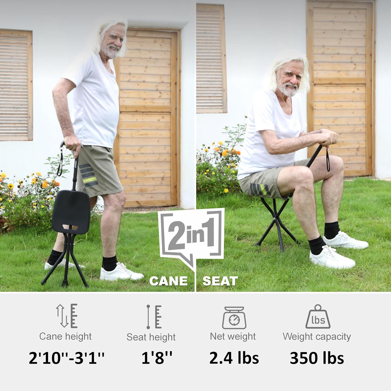 REHAND Walking Cane with Seat,Lightweight Foldable, Adjustable, Collapsible Canes with Stool for Men & Women, Heavy Duty All Terrain Tip, Portable Walking Stick Chair for Seniors & Adults Black1