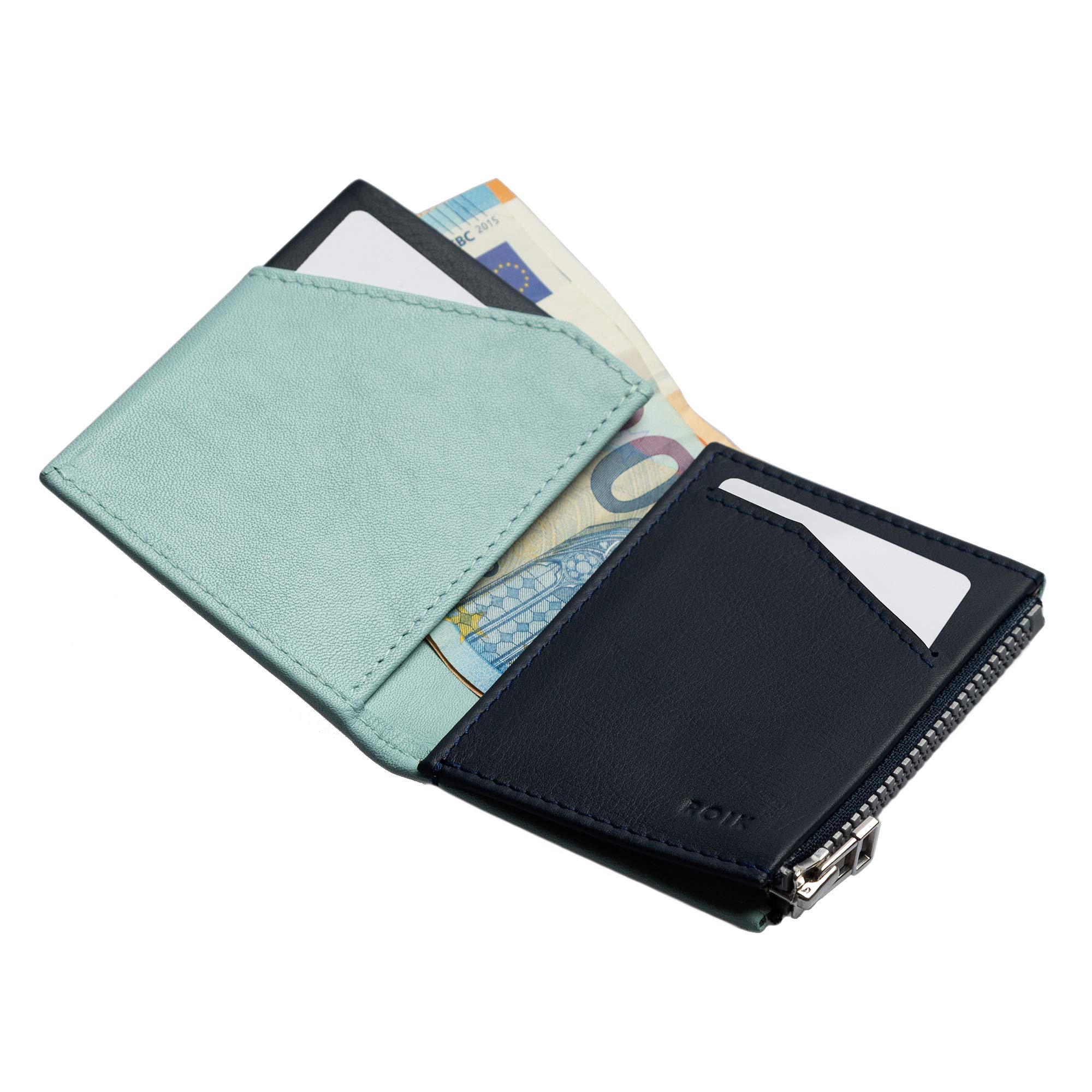 ROIK Cartera Monedero Billetera para Hombre o Mujer 100% Piel Vacuno, con Protección RFID, Ligera y pequeña, 9 Tarjetas, Billetes y Monedas - Zip Coin Cloud