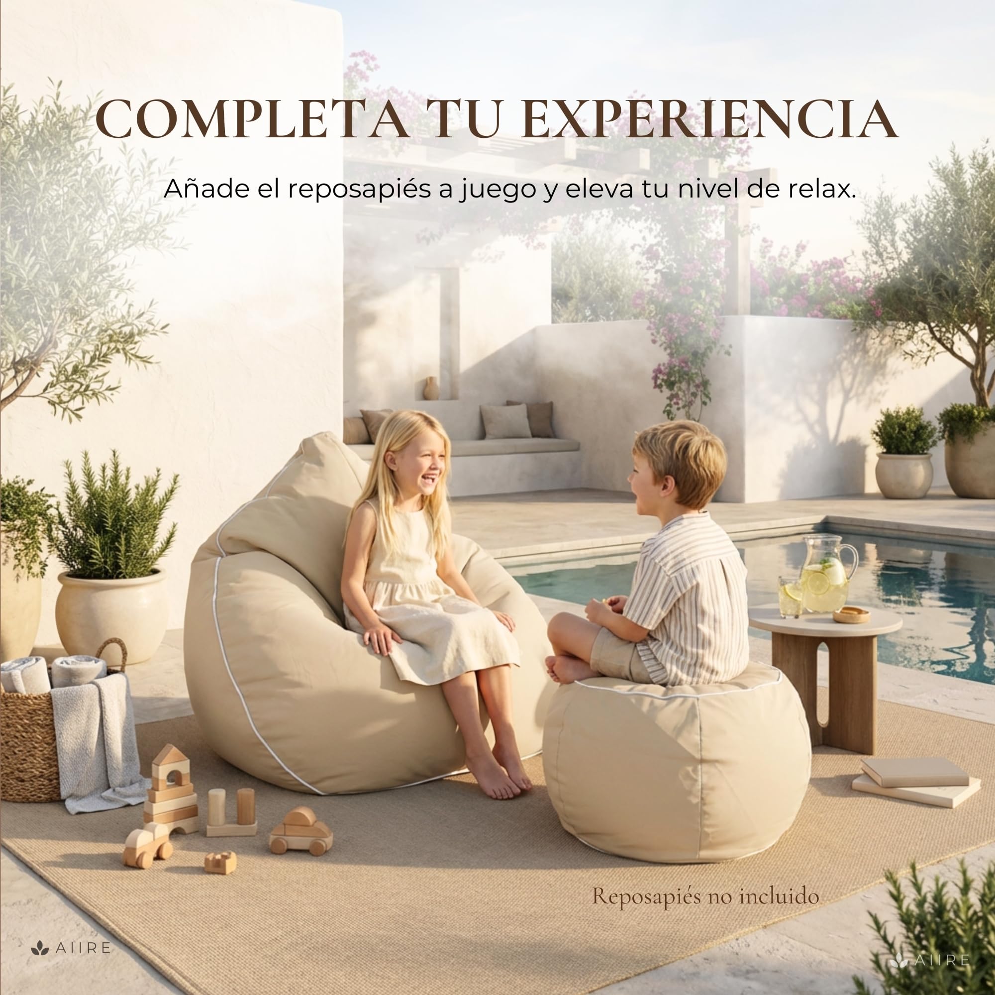 Aiire Puff Exterior Jardín en Olefina - Sofa Puf con Relleno Incluido XXL de Diseño para Terraza, Jardín o Piscina - Bean Bag Chair Salon o Decoracion Habitacion Juvenil Beige [100x100x90]