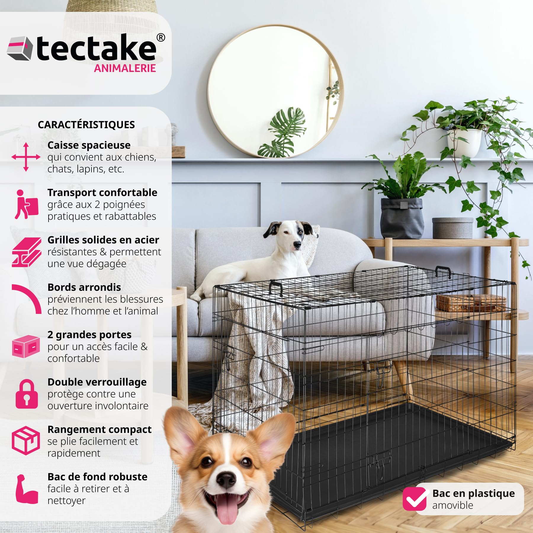 tectake® Cage pour Chien Pliable et Robuste Caisse de Transport pour Chien & Chiots Taille XL, Fond amovible, 2 portes double verrouillage, Poignées de transport, Accessoires Chiens, 121,5x75,5x80,5cm