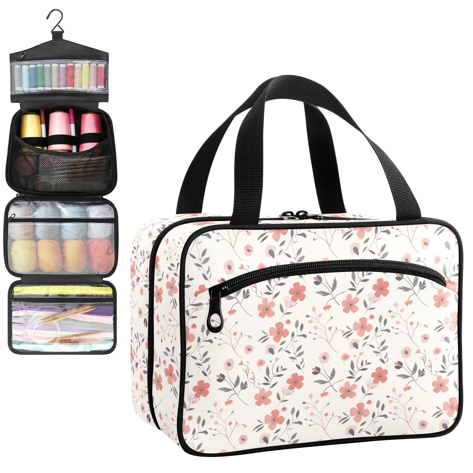 YNNALE Sewing Supply Organizer Bag, Cute Pink Floral Pattern Beige Portable Sewing Bags with Pockets&Hanger, Sewing Storage Box Case for Sew Supplies/Kit/Tools/Accessories (BAG ONLY)