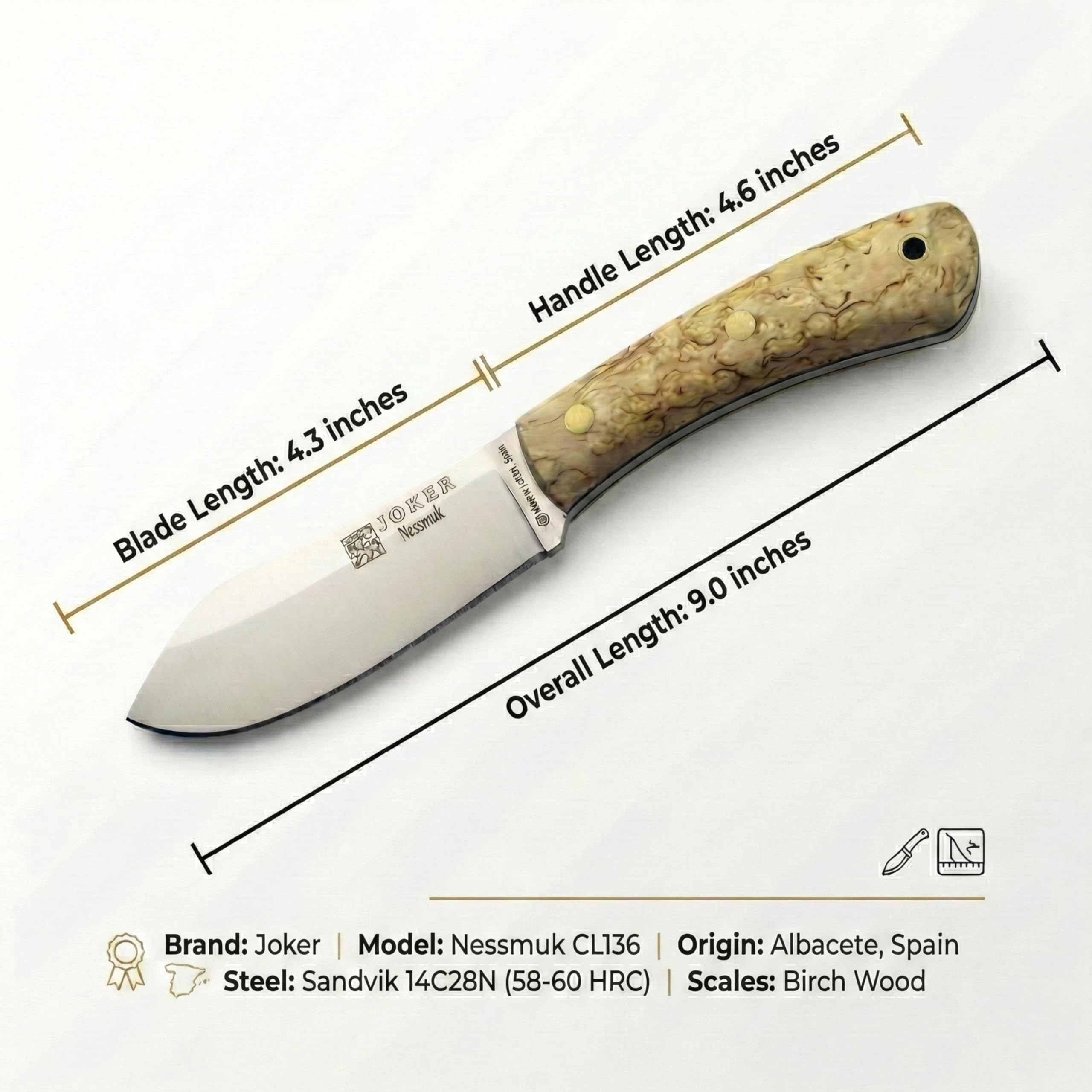 Joker Nessmuk CL136 Bushcraft Knife, 4.33 in Sandvik 14C28N