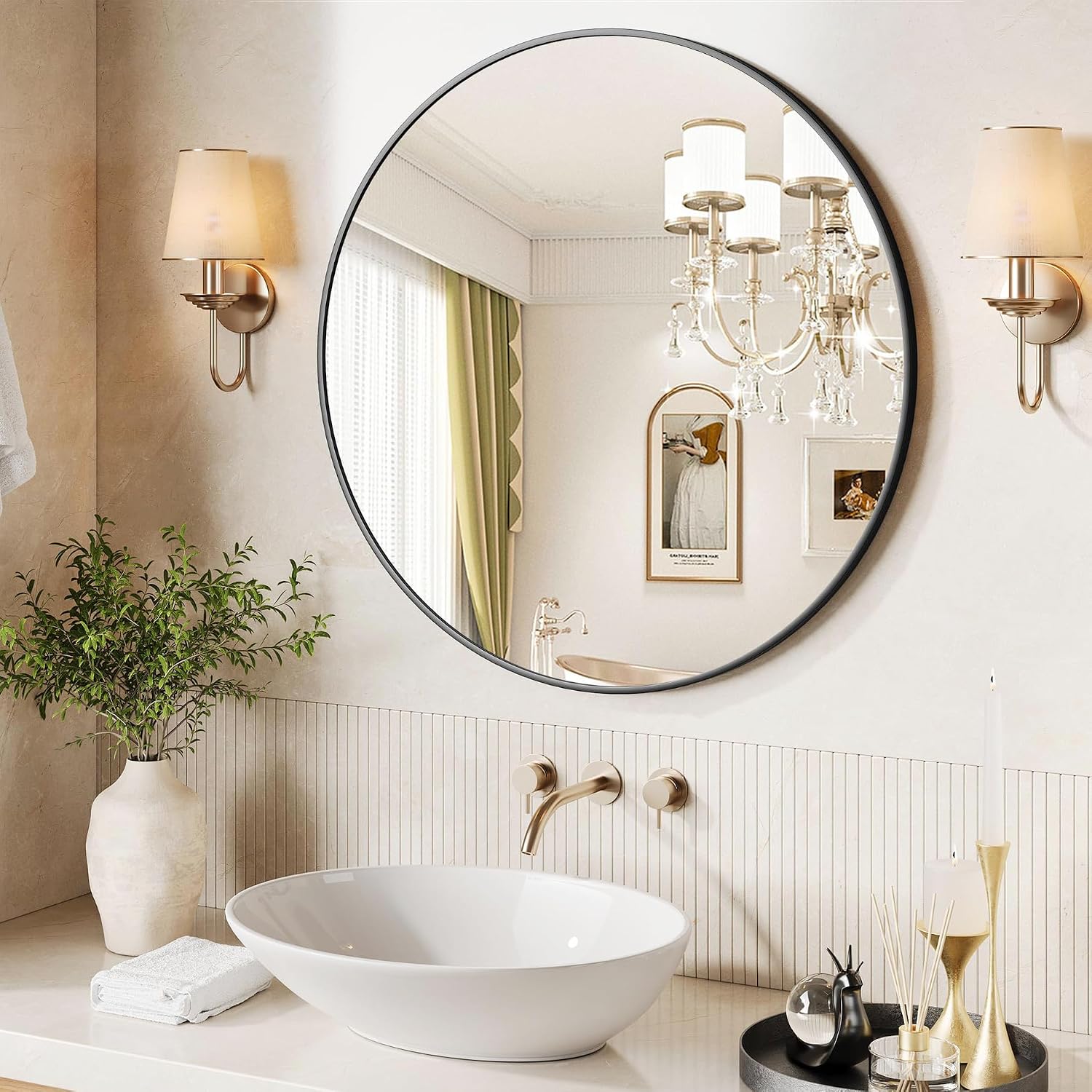 Black Round Mirror 18 inch, Wall Mounted Circle Mirror, Metal Framed Mirrors for Bathroom Vanity, Bedroom Home Decor Mirros
